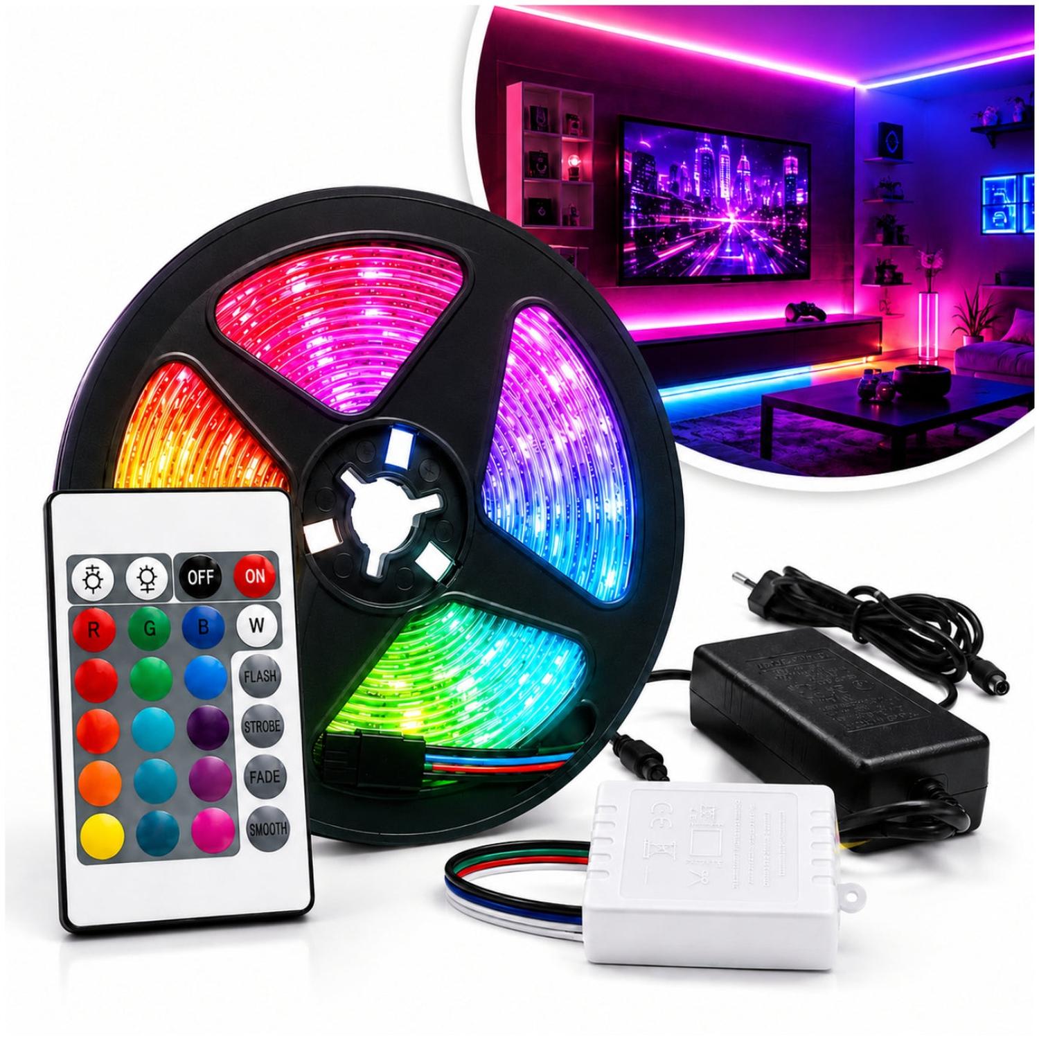 CINTA TIRA LUZ LED RGB 2835 X10 METROS CON ADAPTADOR Y CONTROL REMOTO - 1