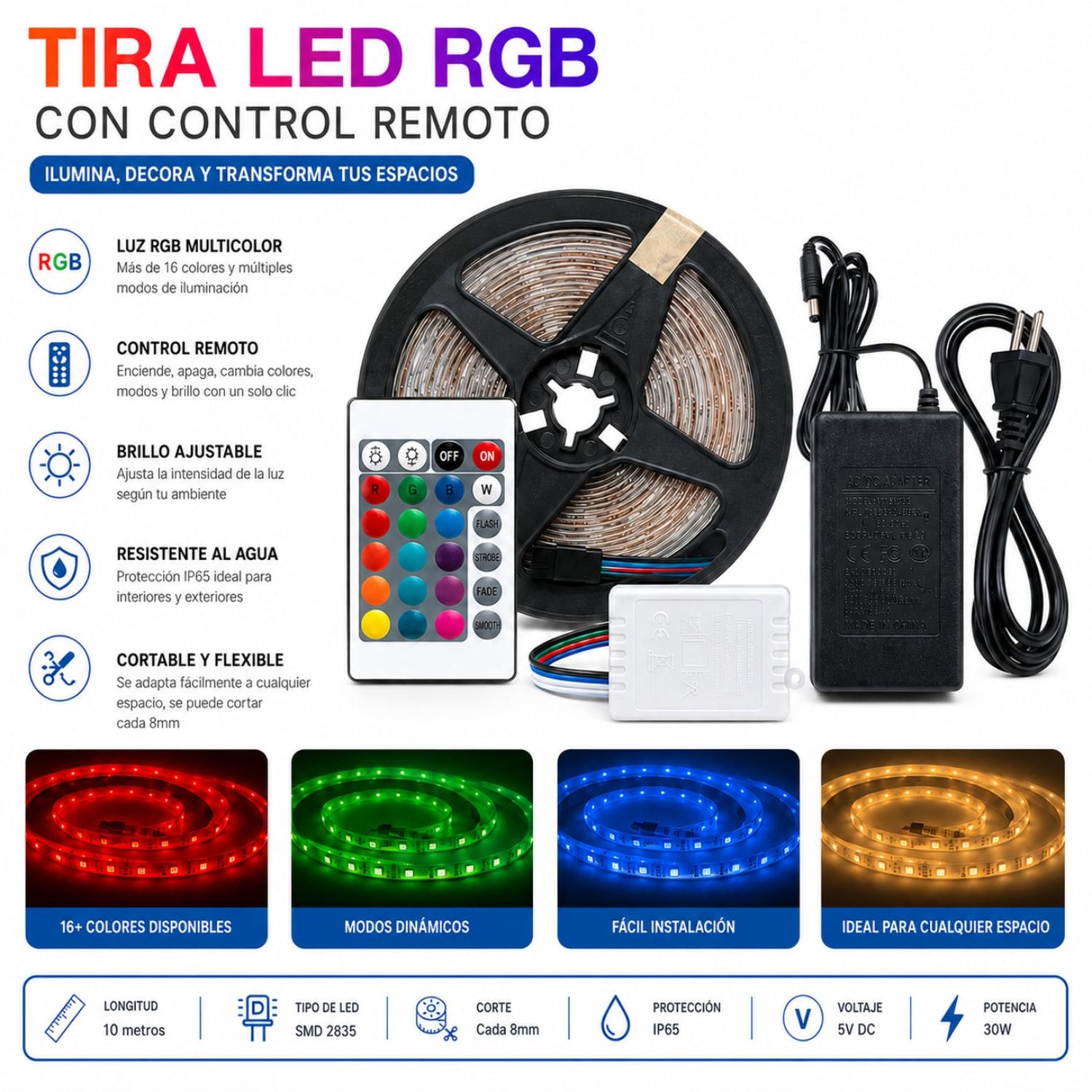CINTA TIRA LUZ LED RGB 2835 X10 METROS CON ADAPTADOR Y CONTROL REMOTO - 2