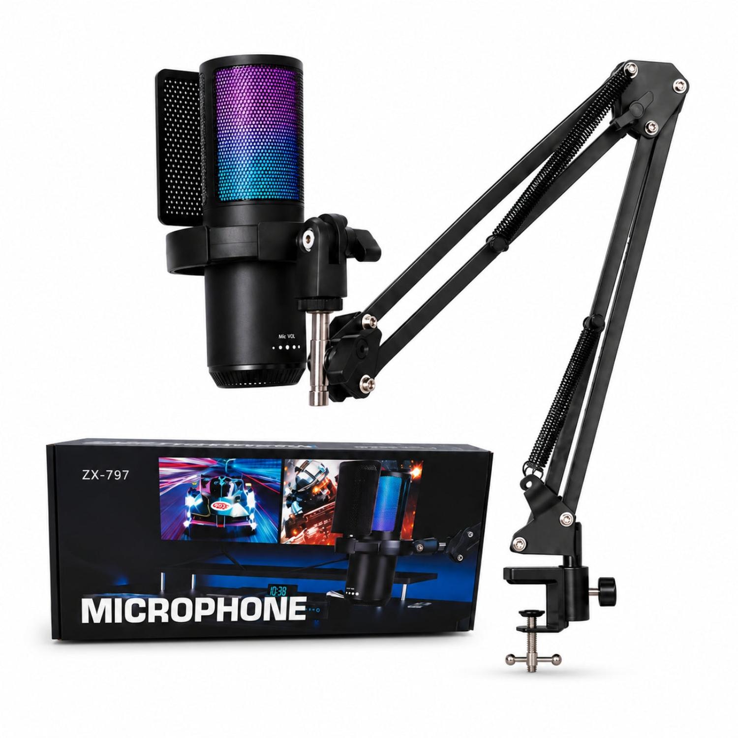 MICRÓFONO CONDENSADOR RGB PARA STREAMING SZX-797 CON BRAZO ARTICULADO REDUCCIÓN DE RUIDO - 1
