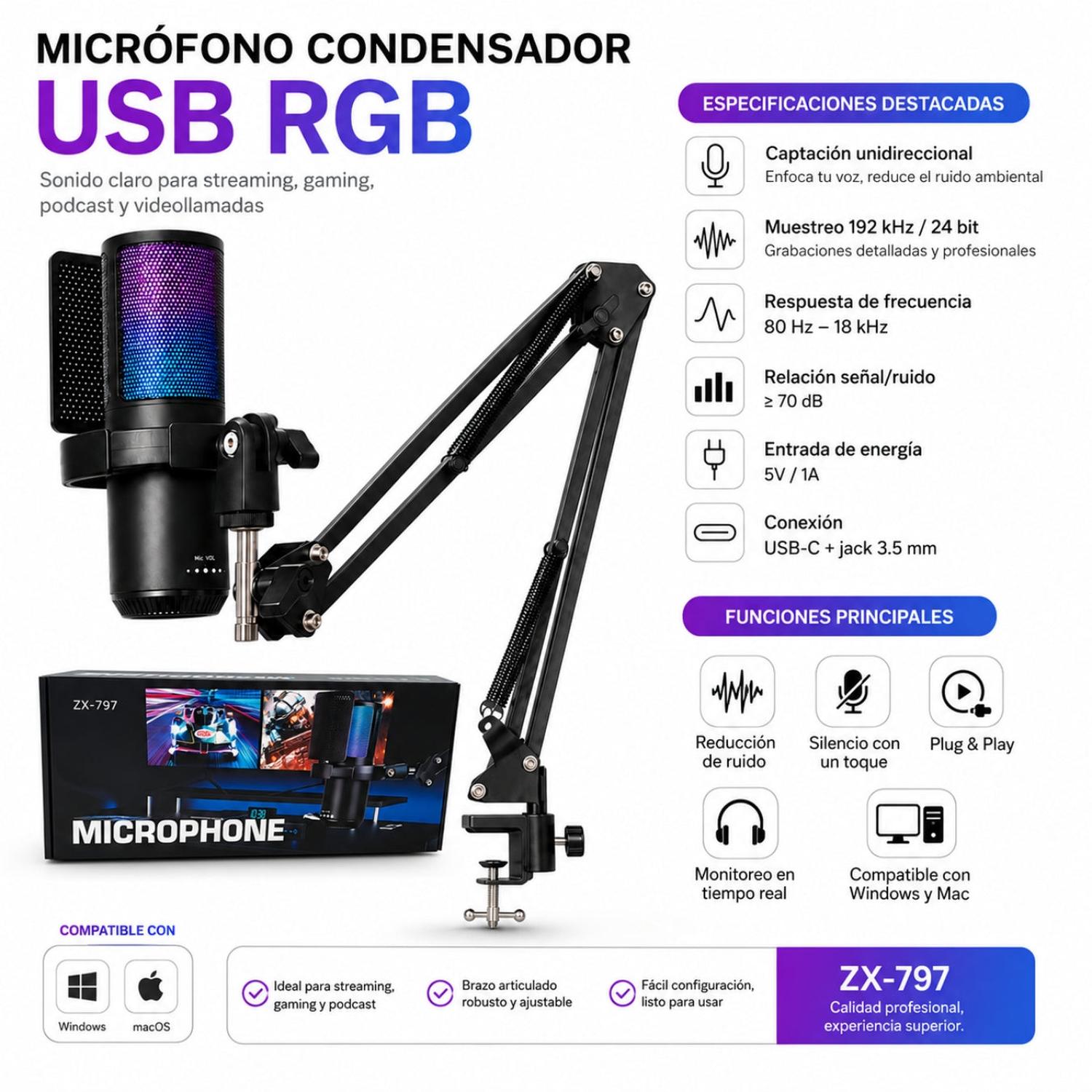 MICRÓFONO CONDENSADOR RGB PARA STREAMING SZX-797 CON BRAZO ARTICULADO REDUCCIÓN DE RUIDO - 2