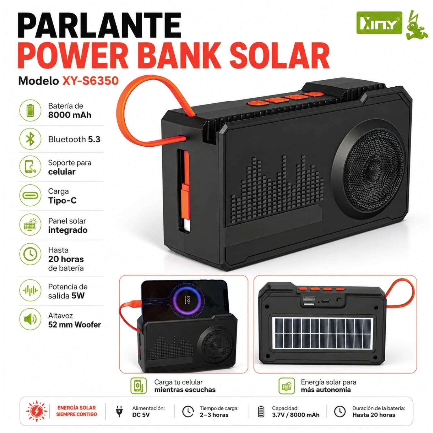 PARLANTE BLUETOOTH SOLAR XY-S6350 CON POWER BANK 8000MAH Y SOPORTE PARA CELULAR - 2