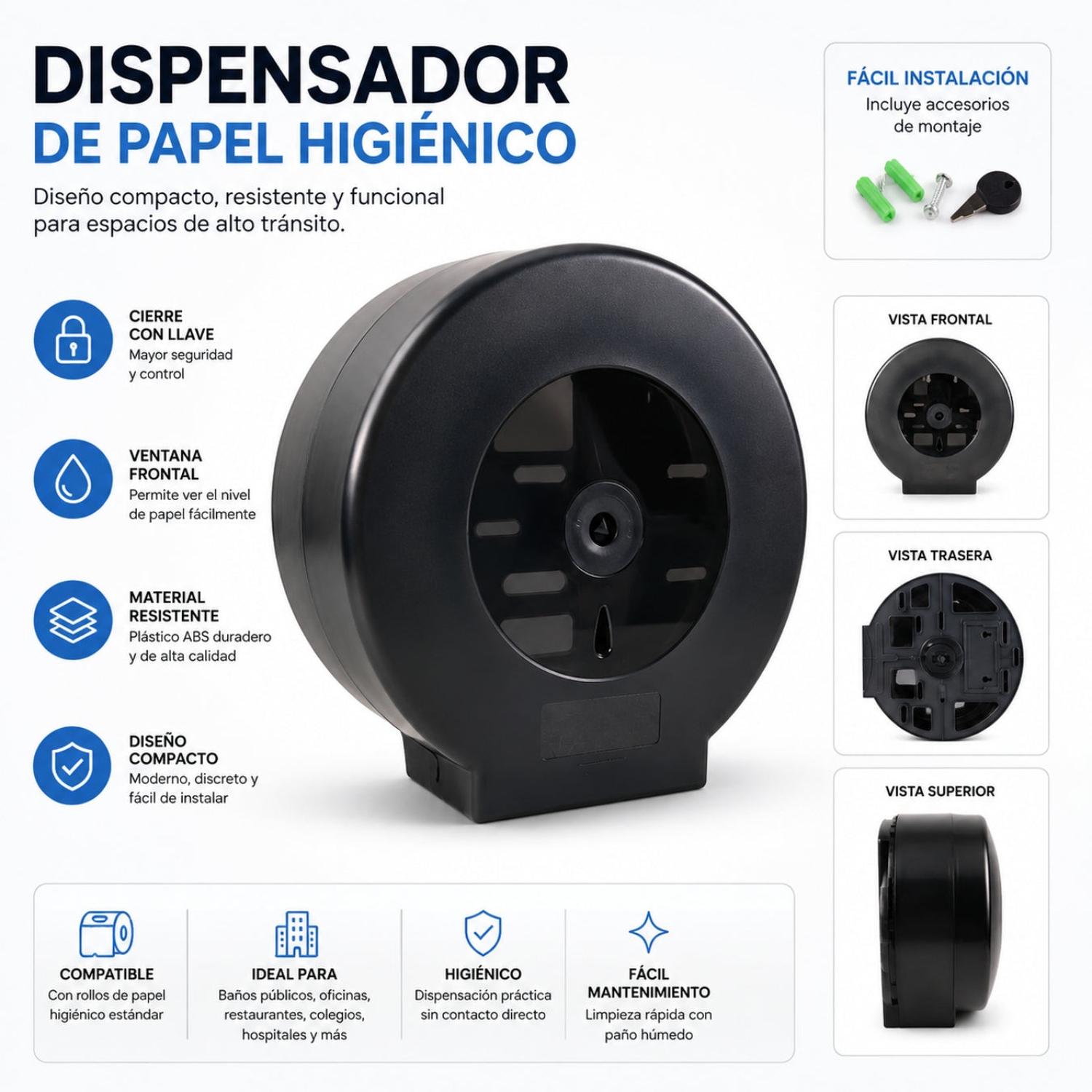 DISPENSADOR DE PAPEL HIGIÉNICO JUMBO DE PARED CON VISOR Y CIERRE DE SEGURIDAD - 5