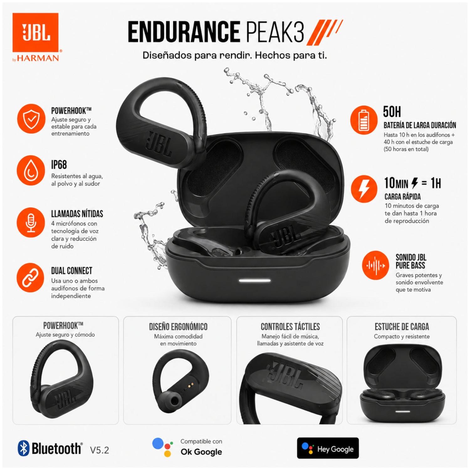 AUDÍFONOS INALÁMBRICOS JBL ENDURANCE PEAK 3 BLUETOOTH 5.2 IP68 CON POWERHOOK - 2