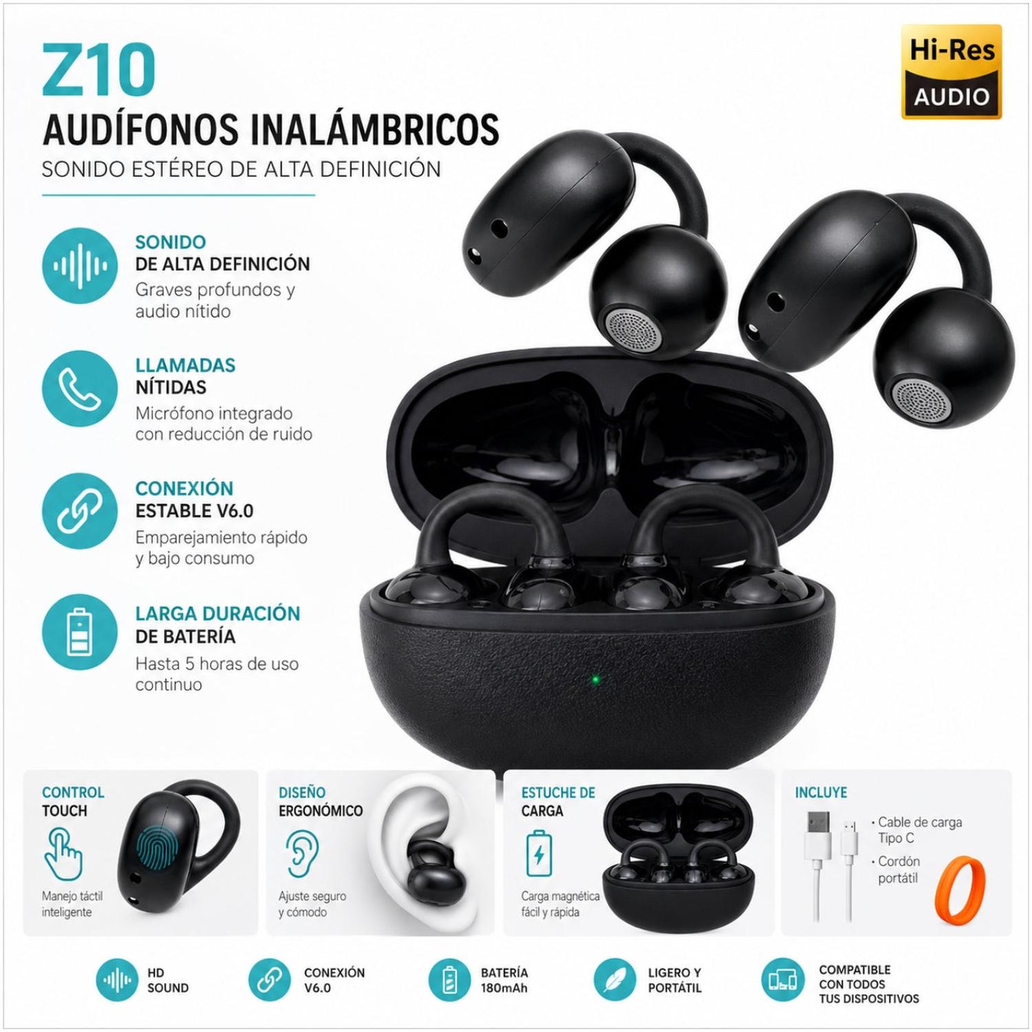 AUDÍFONOS INALÁMBRICOS Z10 BLUETOOTH V6.0 CON GANCHO DEPORTIVO Y REDUCCIÓN DE RUIDO TAMAÑO M - 3