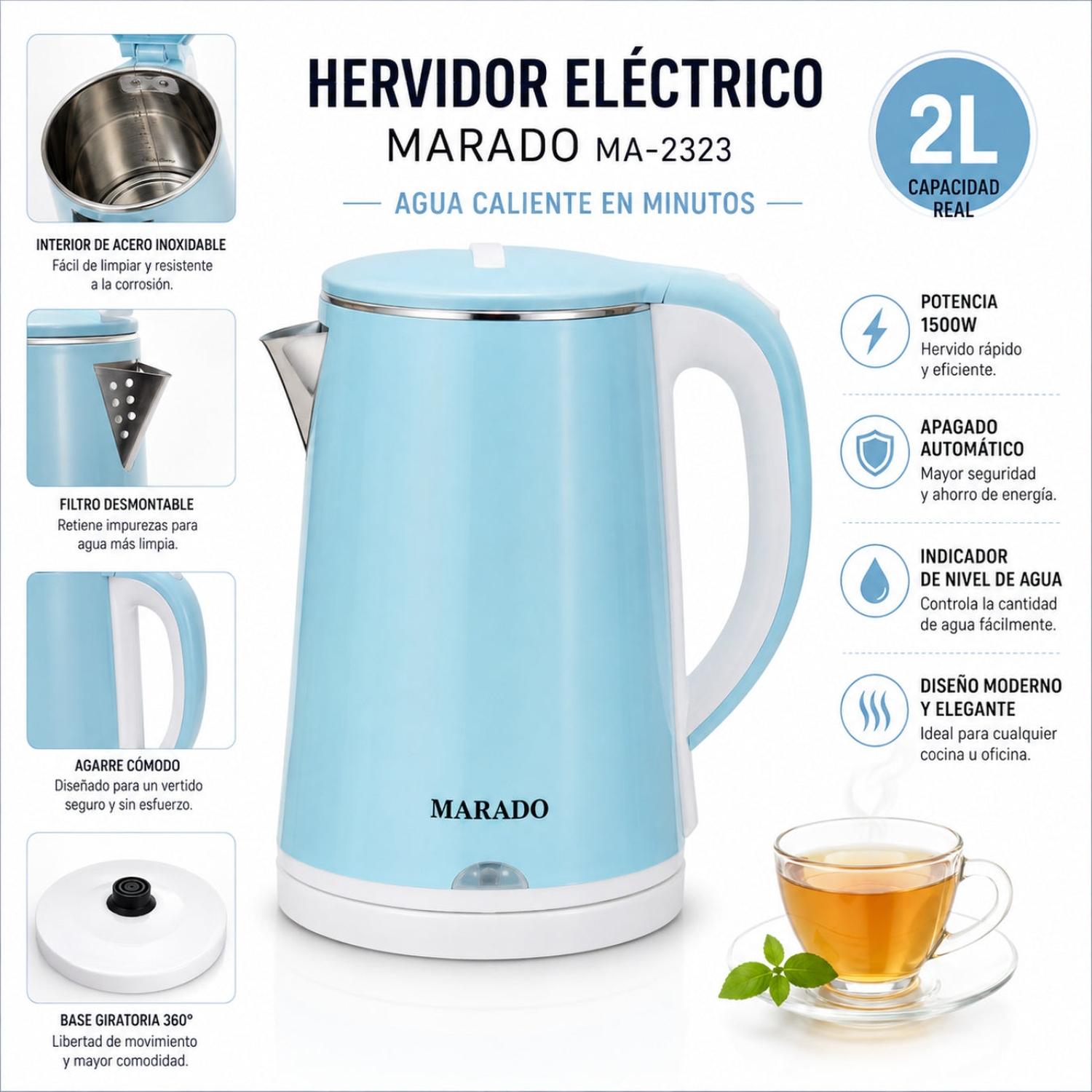 HERVIDOR ELÉCTRICO PARA AGUA AUTOMÁTICO MA-2323 DE 2 LITROS 1500W CON BASE 360° TAMAÑO M - 3