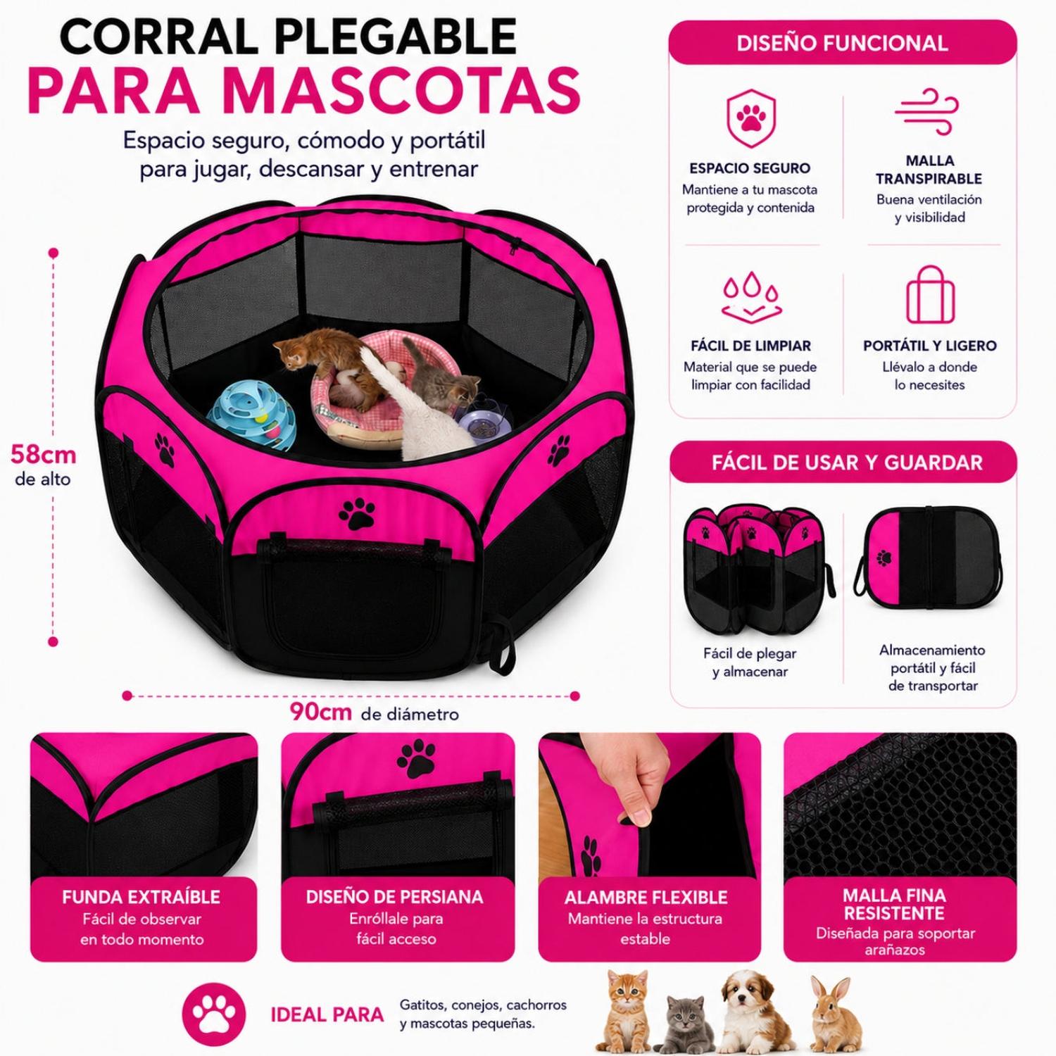 CORRAL CAMA PARA GATOS PERROS CASA PARA MASCOTAS PLEGABLE 58X90X90CM - 2