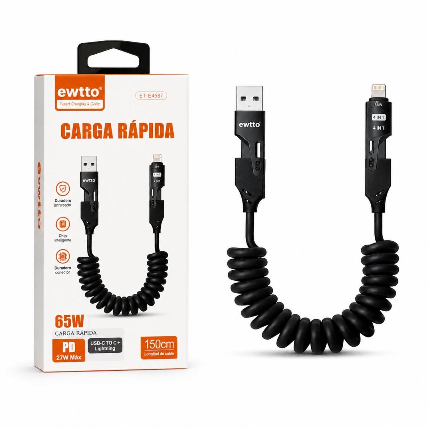 CABLE ESPIRAL DE CARGA RÁPIDA 65W EWTTO 4 EN 1 USB-A USB-C LIGHTNING 1.5 M - 1