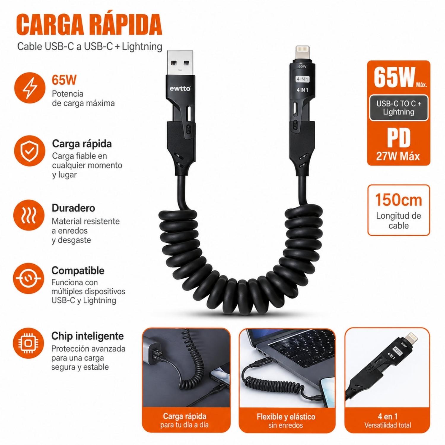 CABLE ESPIRAL DE CARGA RÁPIDA 65W EWTTO 4 EN 1 USB-A USB-C LIGHTNING 1.5 M - 2