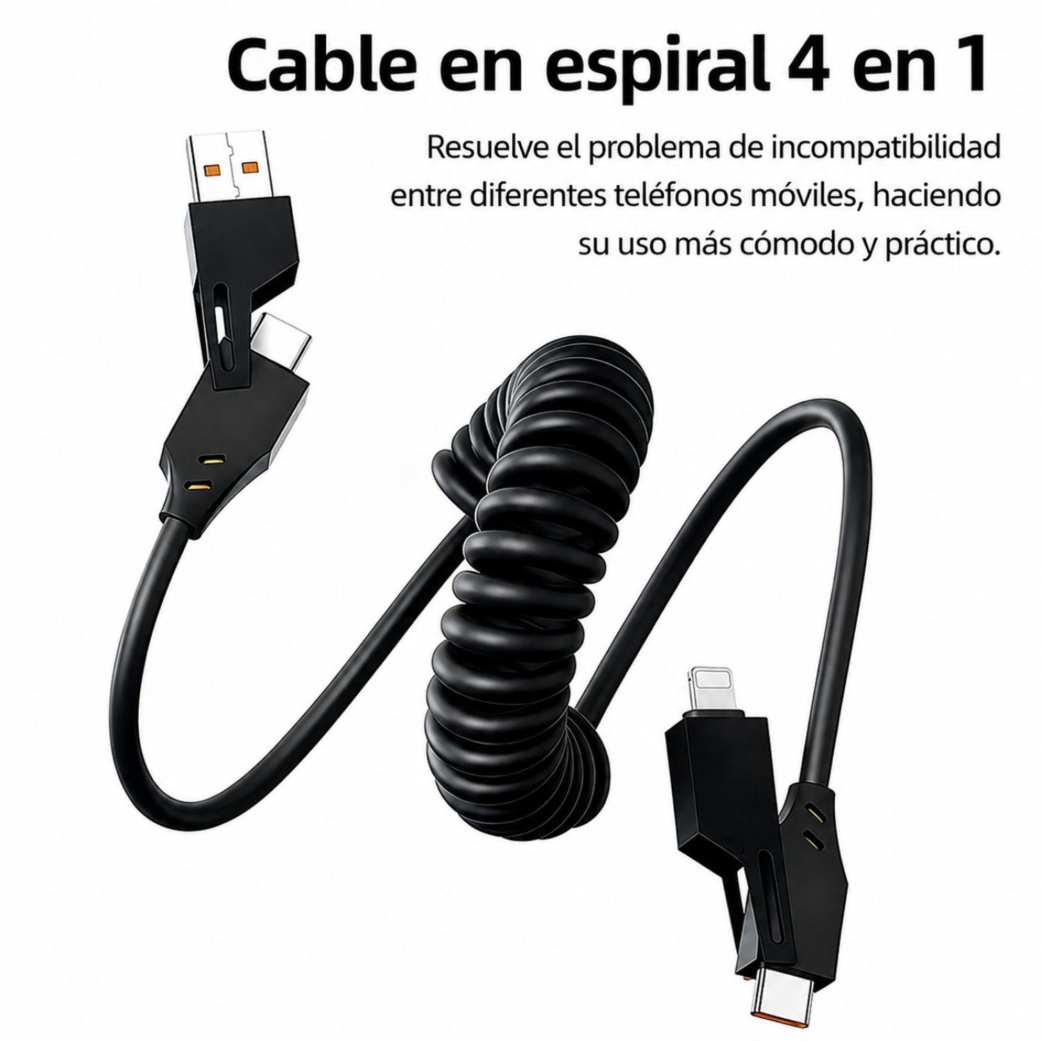 CABLE ESPIRAL DE CARGA RÁPIDA 65W EWTTO 4 EN 1 USB-A USB-C LIGHTNING 1.5 M - 5