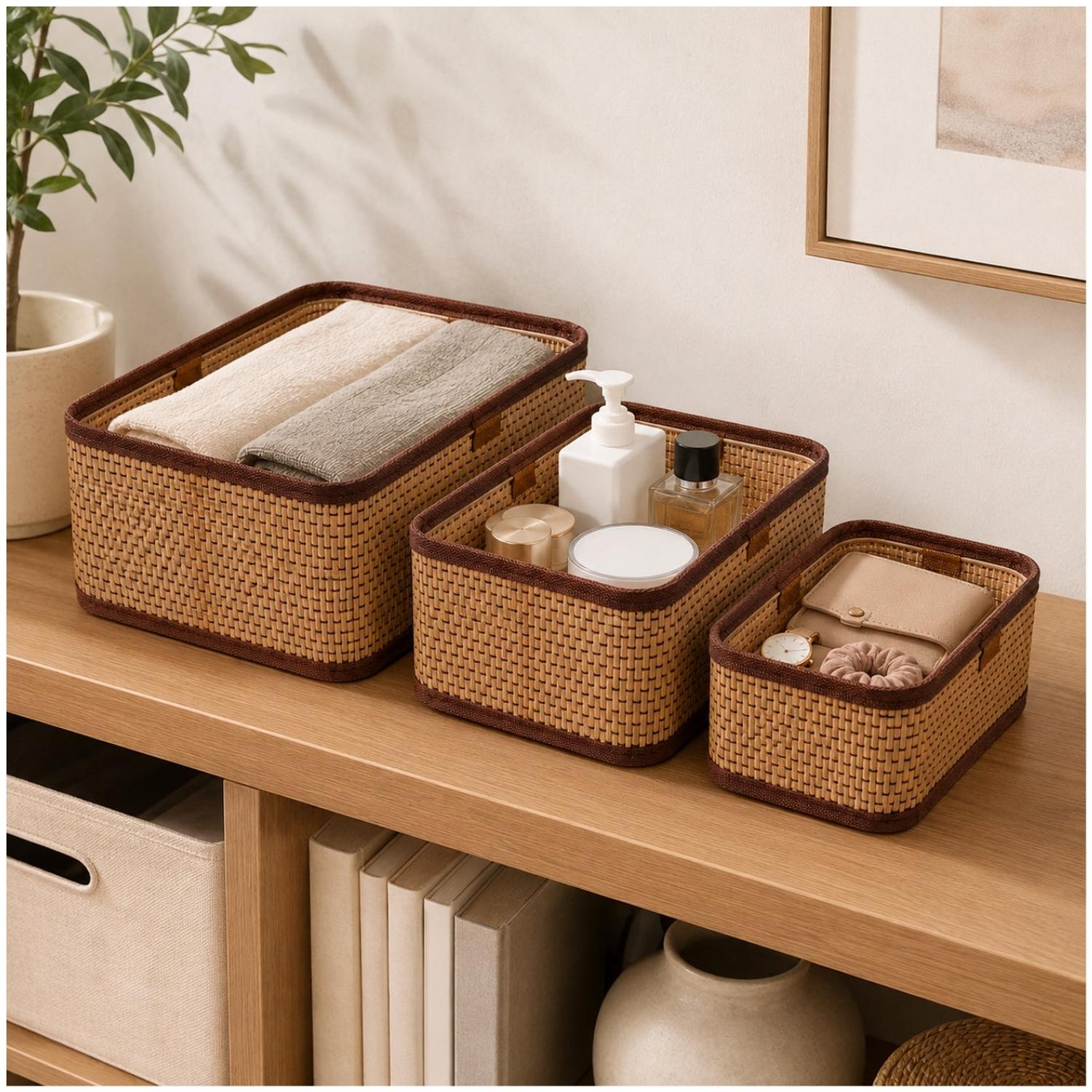 SET DE 3 CANASTAS ORGANIZADORAS TEJIDAS DECORATIVAS MULTIUSO PARA BAÑO DORMITORIO - 1