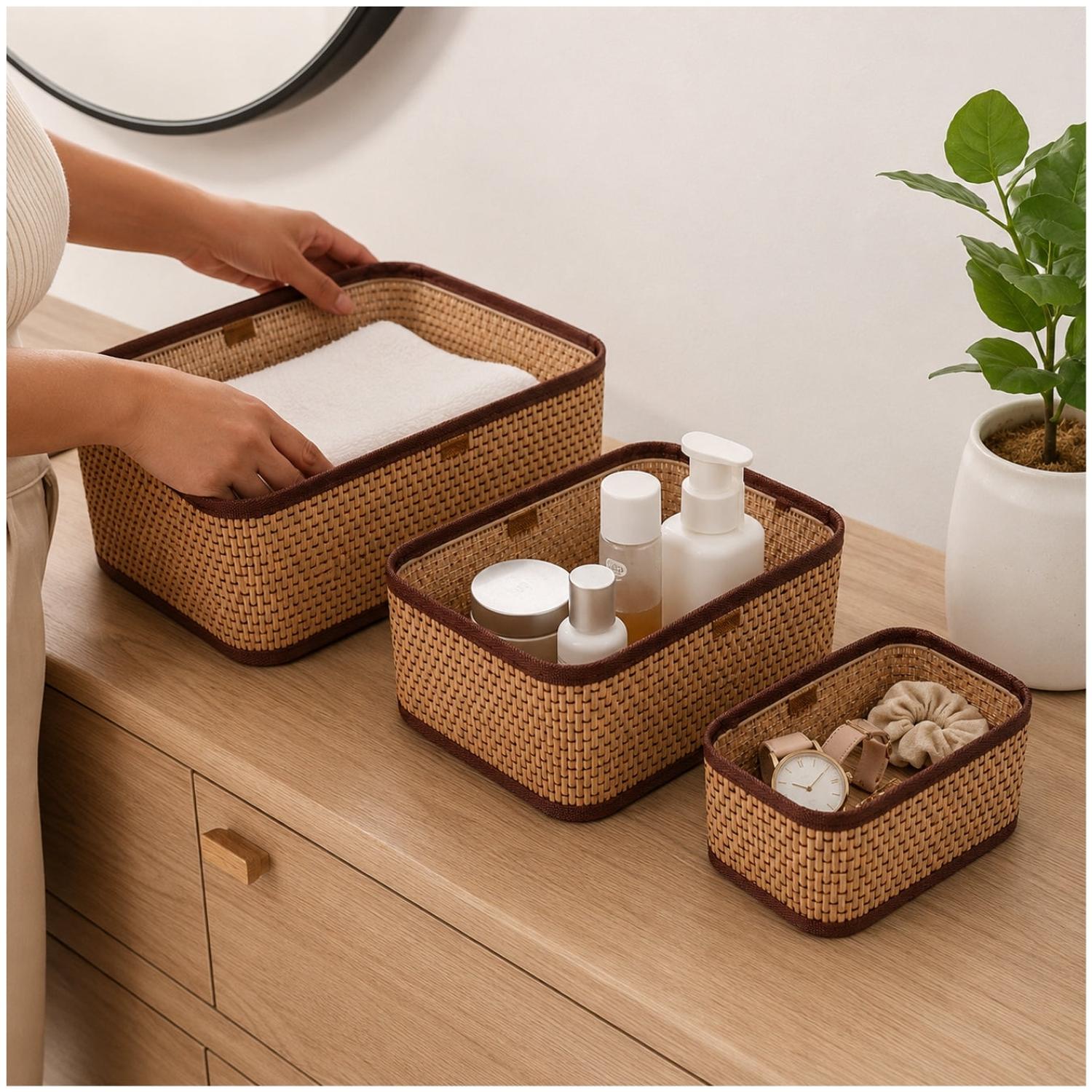 SET DE 3 CANASTAS ORGANIZADORAS TEJIDAS DECORATIVAS MULTIUSO PARA BAÑO DORMITORIO - 2