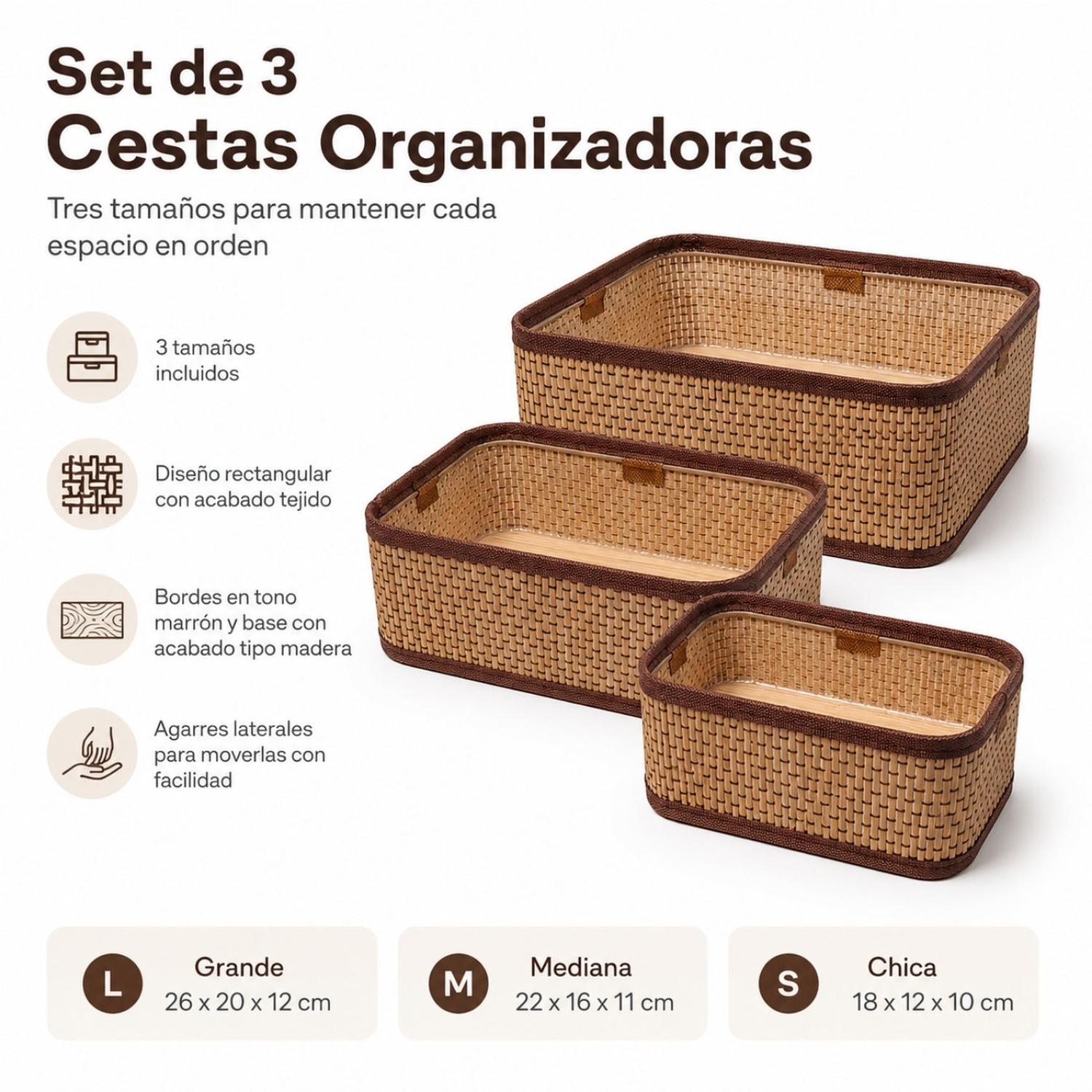 SET DE 3 CANASTAS ORGANIZADORAS TEJIDAS DECORATIVAS MULTIUSO PARA BAÑO DORMITORIO - 3