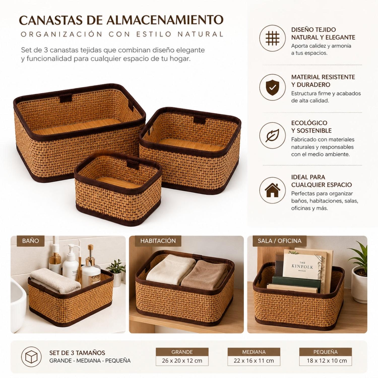 SET DE 3 CANASTAS ORGANIZADORAS TEJIDAS DECORATIVAS MULTIUSO PARA BAÑO DORMITORIO - 4