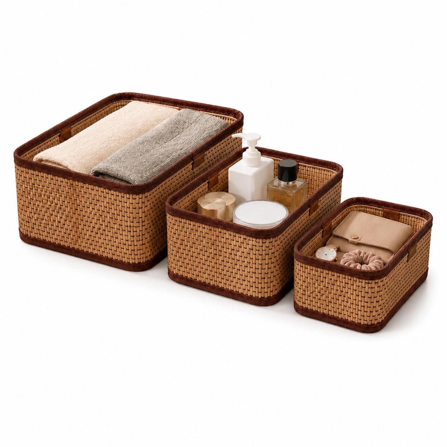 SET DE 3 CANASTAS ORGANIZADORAS TEJIDAS DECORATIVAS MULTIUSO PARA BAÑO DORMITORIO - 5