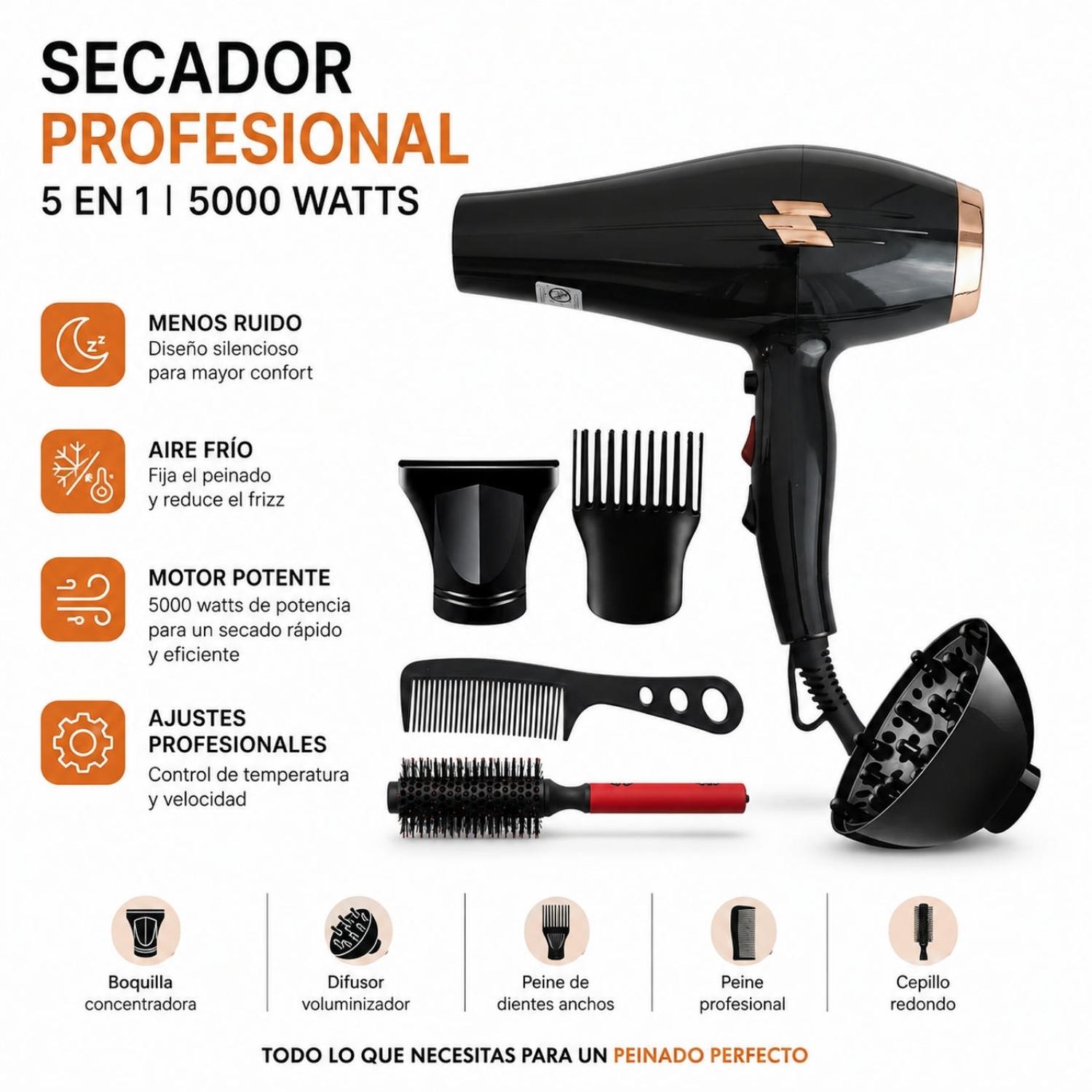 SECADORA DE CABELLO PROFESIONAL 1260 5 EN 1 DE 5000 W CON DIFUSOR - 2