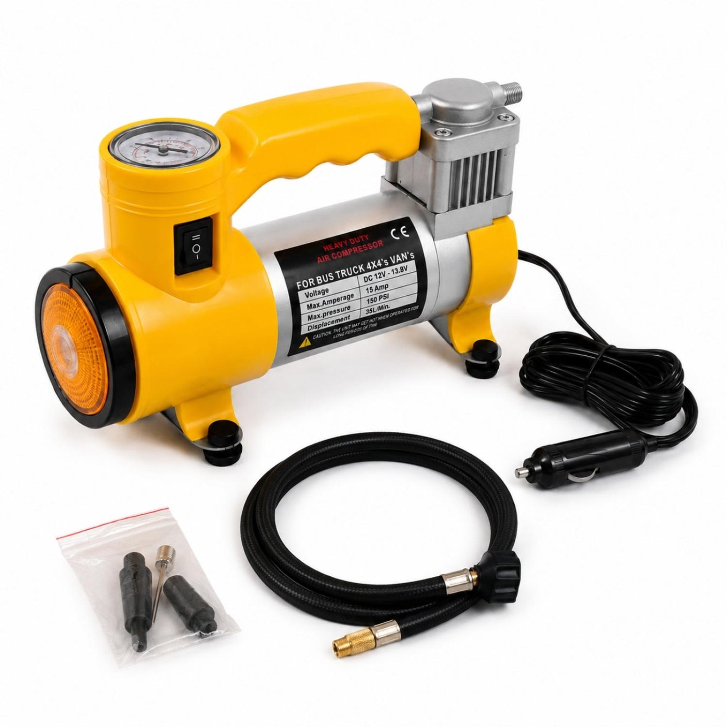 COMPRESOR DE AIRE PORTÁTIL AUTOMOTRIZ AC+ PRO 12V 150 PSI CON MANÓMETRO LUZ DE TRABAJO - 1