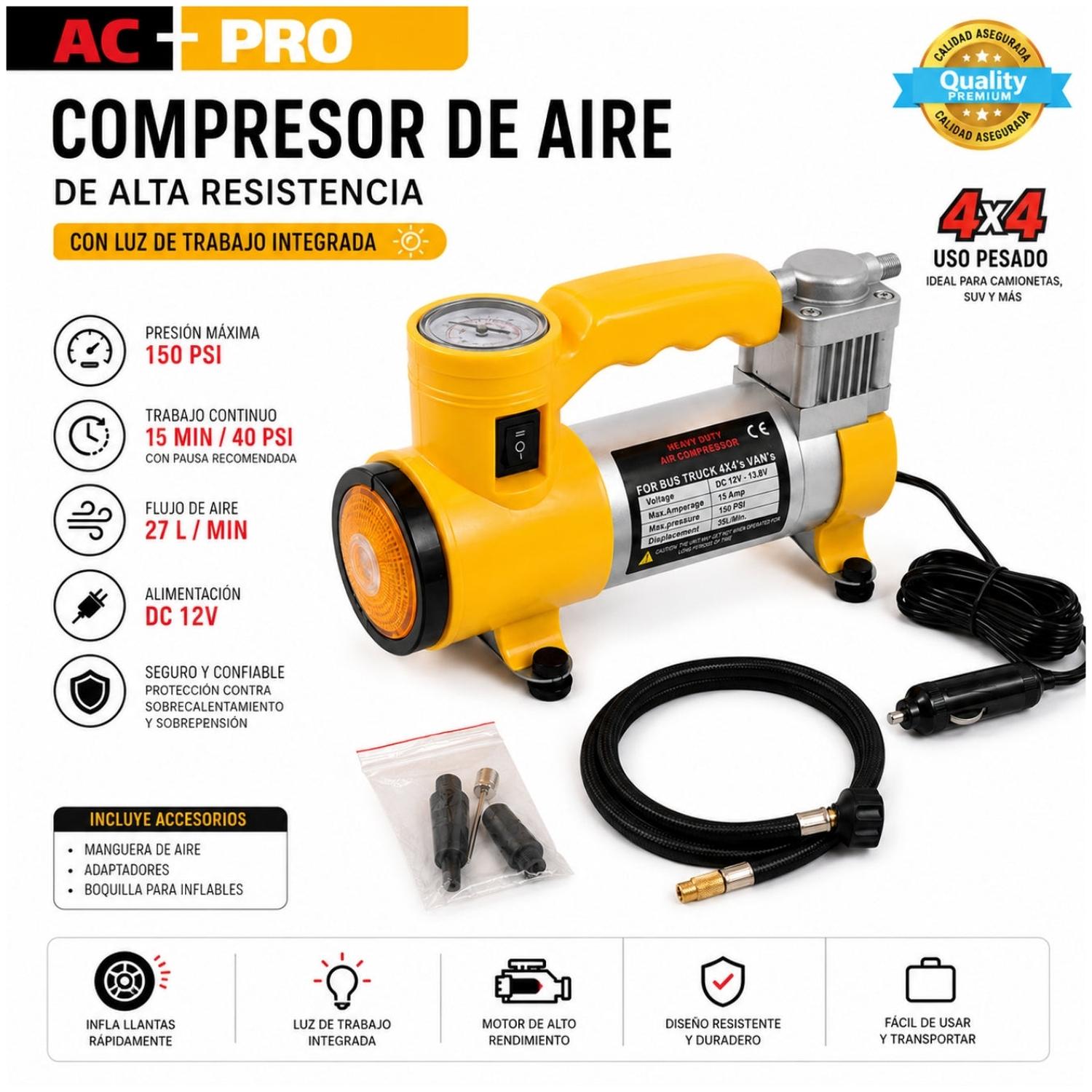 COMPRESOR DE AIRE PORTÁTIL AUTOMOTRIZ AC+ PRO 12V 150 PSI CON MANÓMETRO LUZ DE TRABAJO - 2