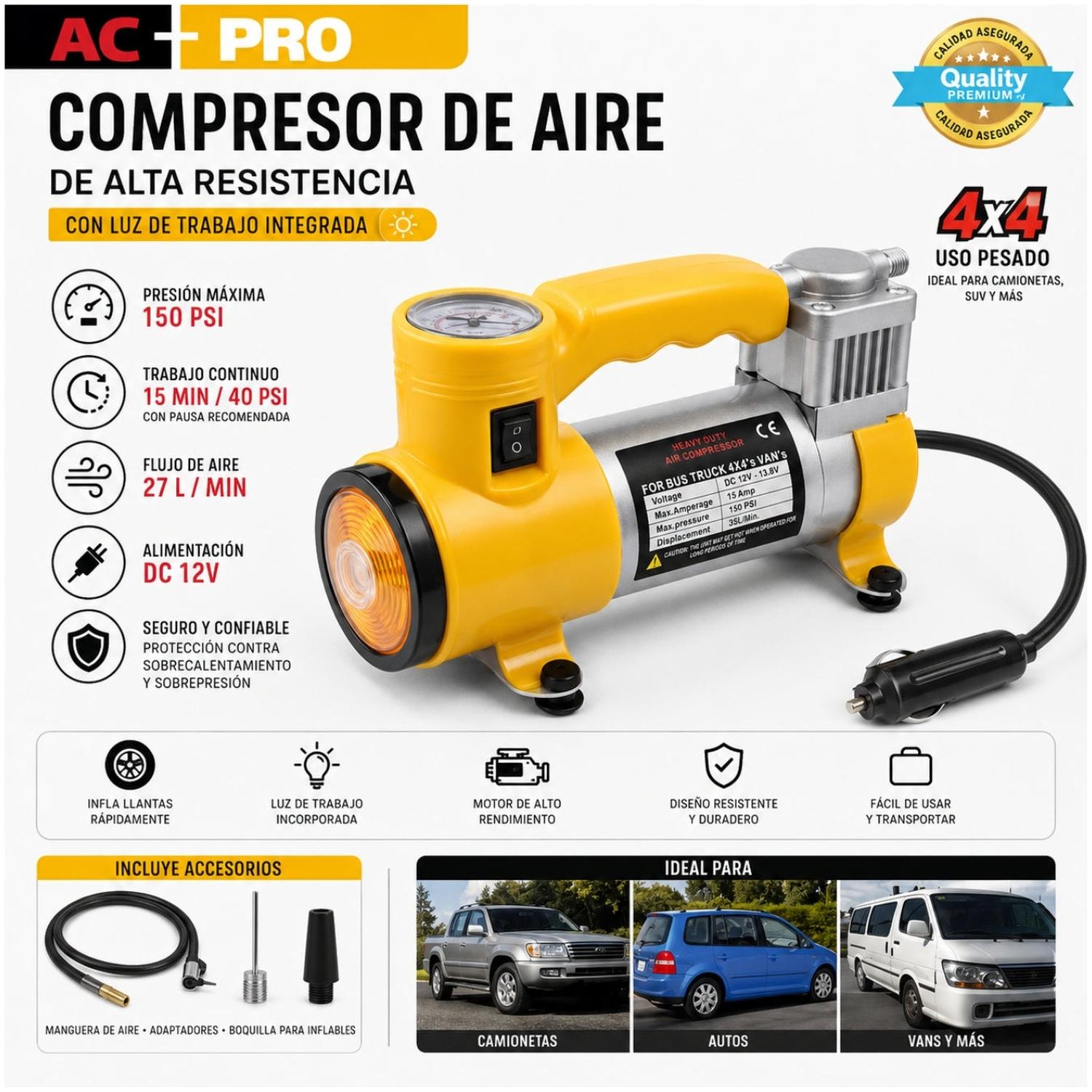 COMPRESOR DE AIRE PORTÁTIL AUTOMOTRIZ AC+ PRO 12V 150 PSI CON MANÓMETRO LUZ DE TRABAJO - 4