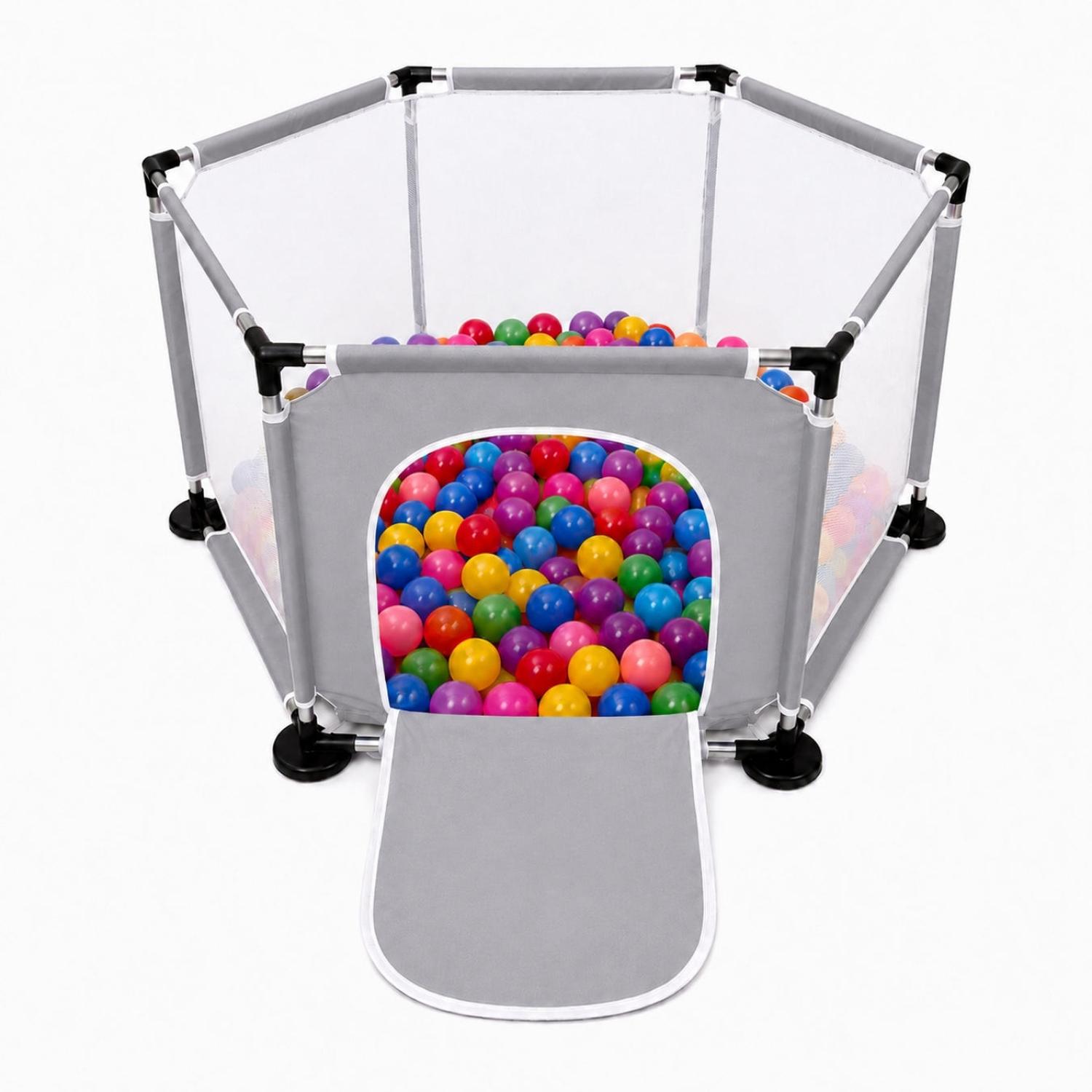 CORRAL INFANTIL HEXAGONAL CON MALLA PUERTA FRONTAL Y ÁREA DE JUEGOS PARA BEBÉS 63X126X110CM TAMAÑO M - 1