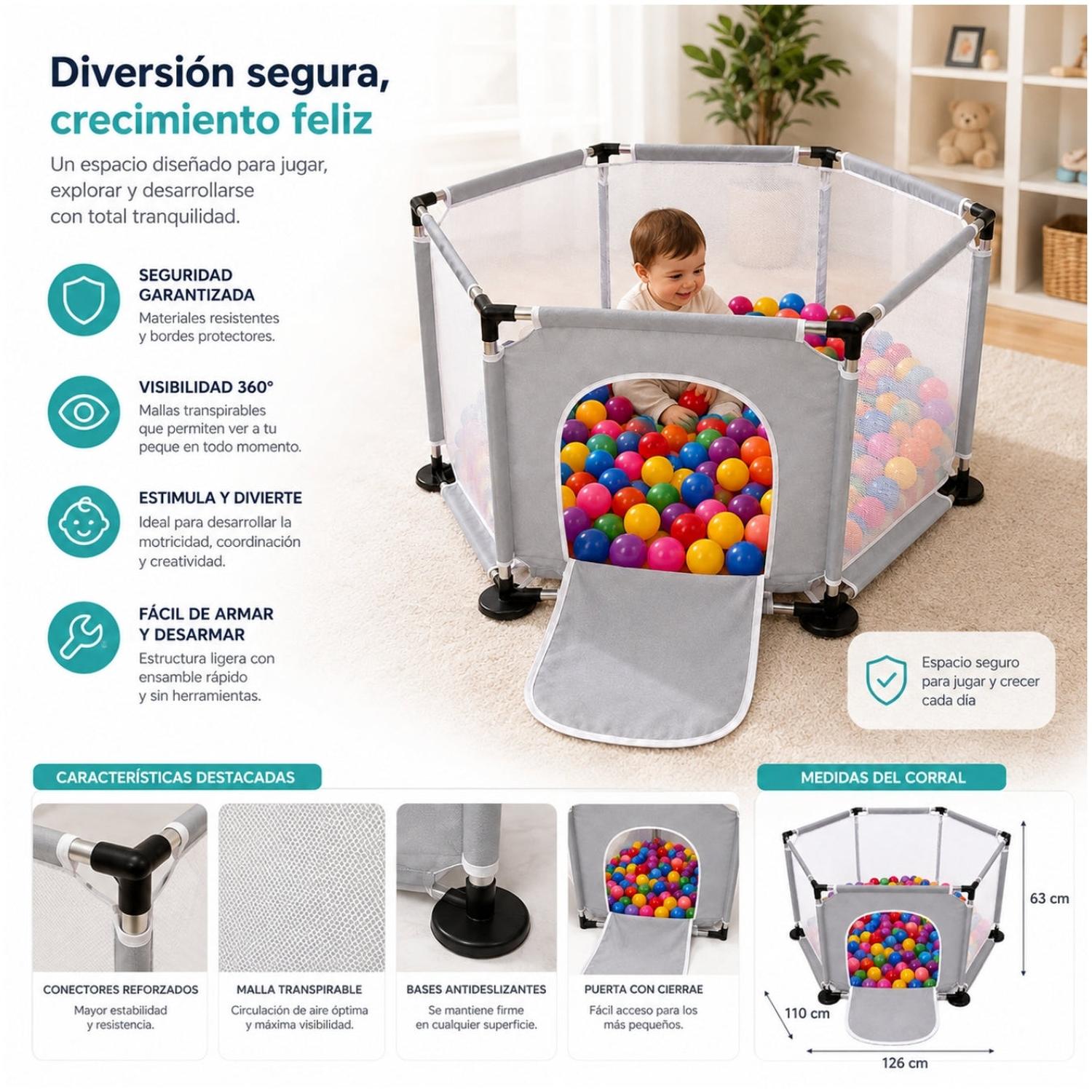 CORRAL INFANTIL HEXAGONAL CON MALLA PUERTA FRONTAL Y ÁREA DE JUEGOS PARA BEBÉS 63X126X110CM TAMAÑO M - 2