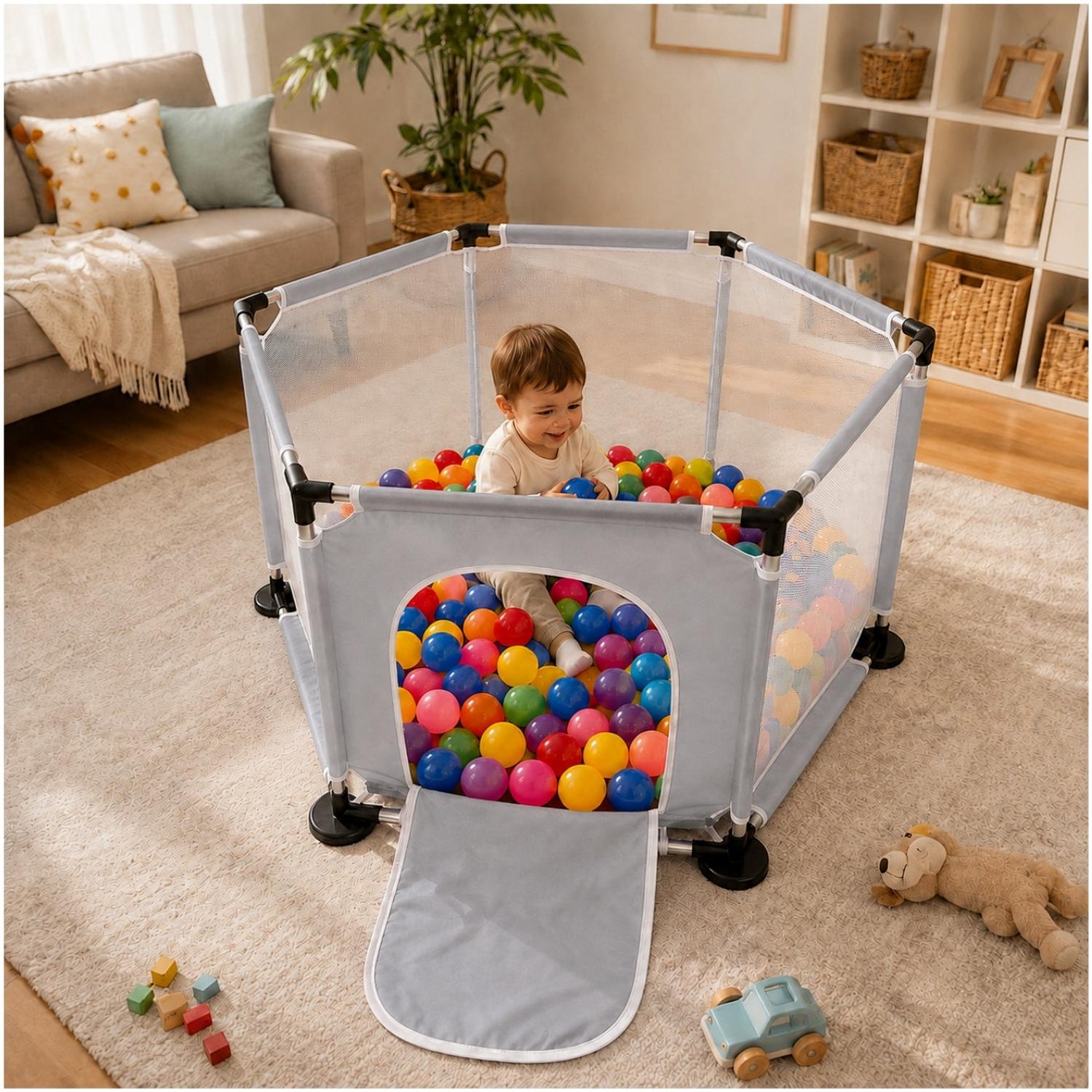 CORRAL INFANTIL HEXAGONAL CON MALLA PUERTA FRONTAL Y ÁREA DE JUEGOS PARA BEBÉS 63X126X110CM TAMAÑO M - 3