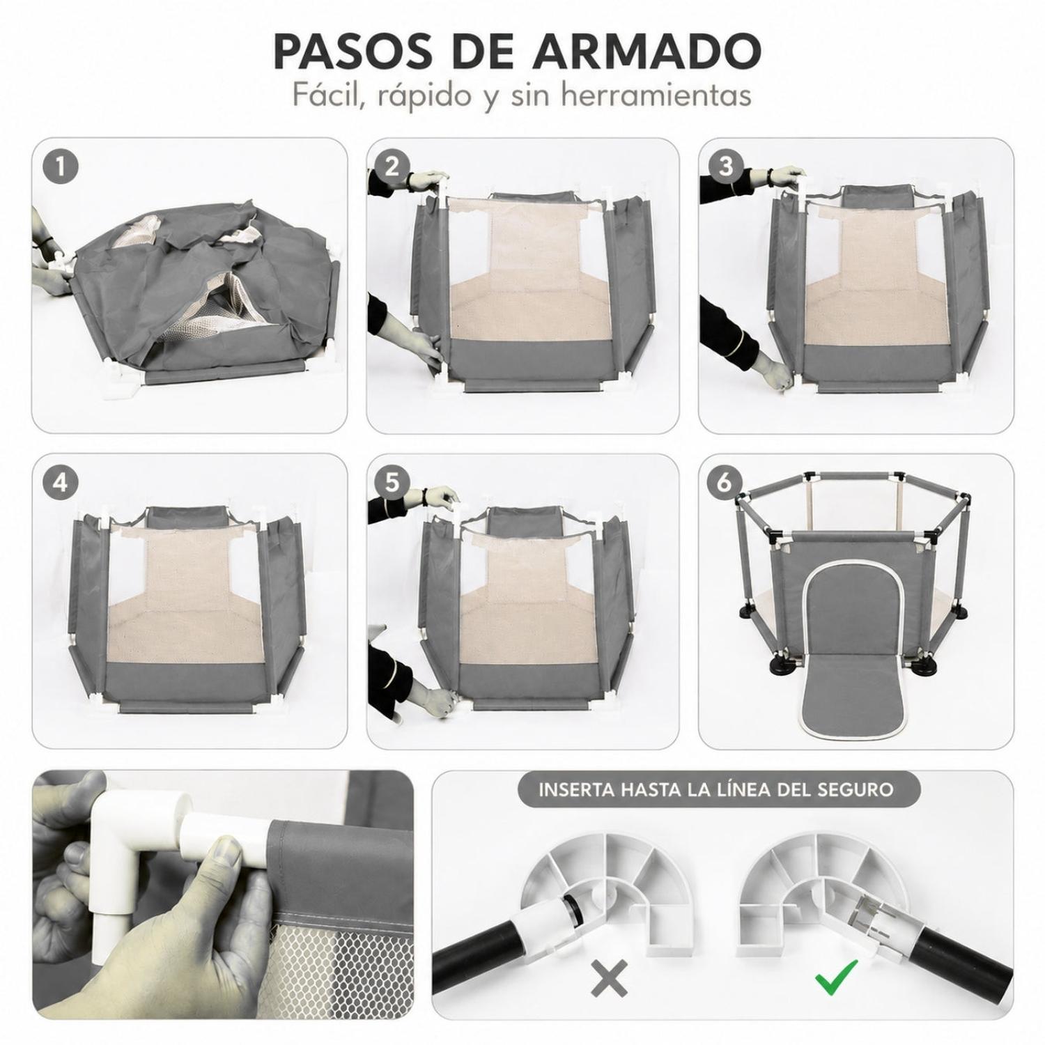 CORRAL INFANTIL HEXAGONAL CON MALLA PUERTA FRONTAL Y ÁREA DE JUEGOS PARA BEBÉS 63X126X110CM TAMAÑO M - 5