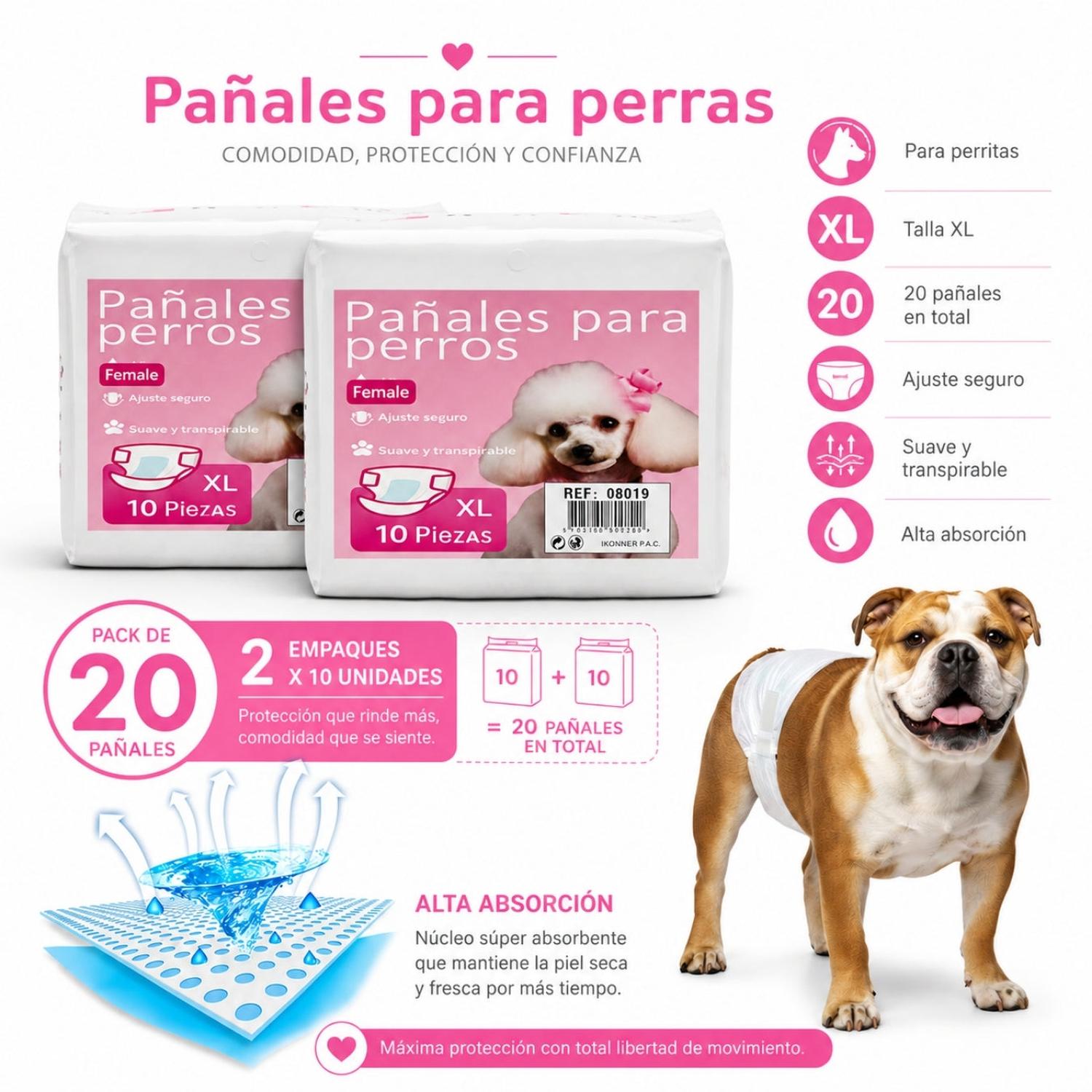 PACK X20 PAÑAL PARA PERROS HEMBRA CELO PERRAS TALLA XL ABSORBENTE AJUSTABLE - 2
