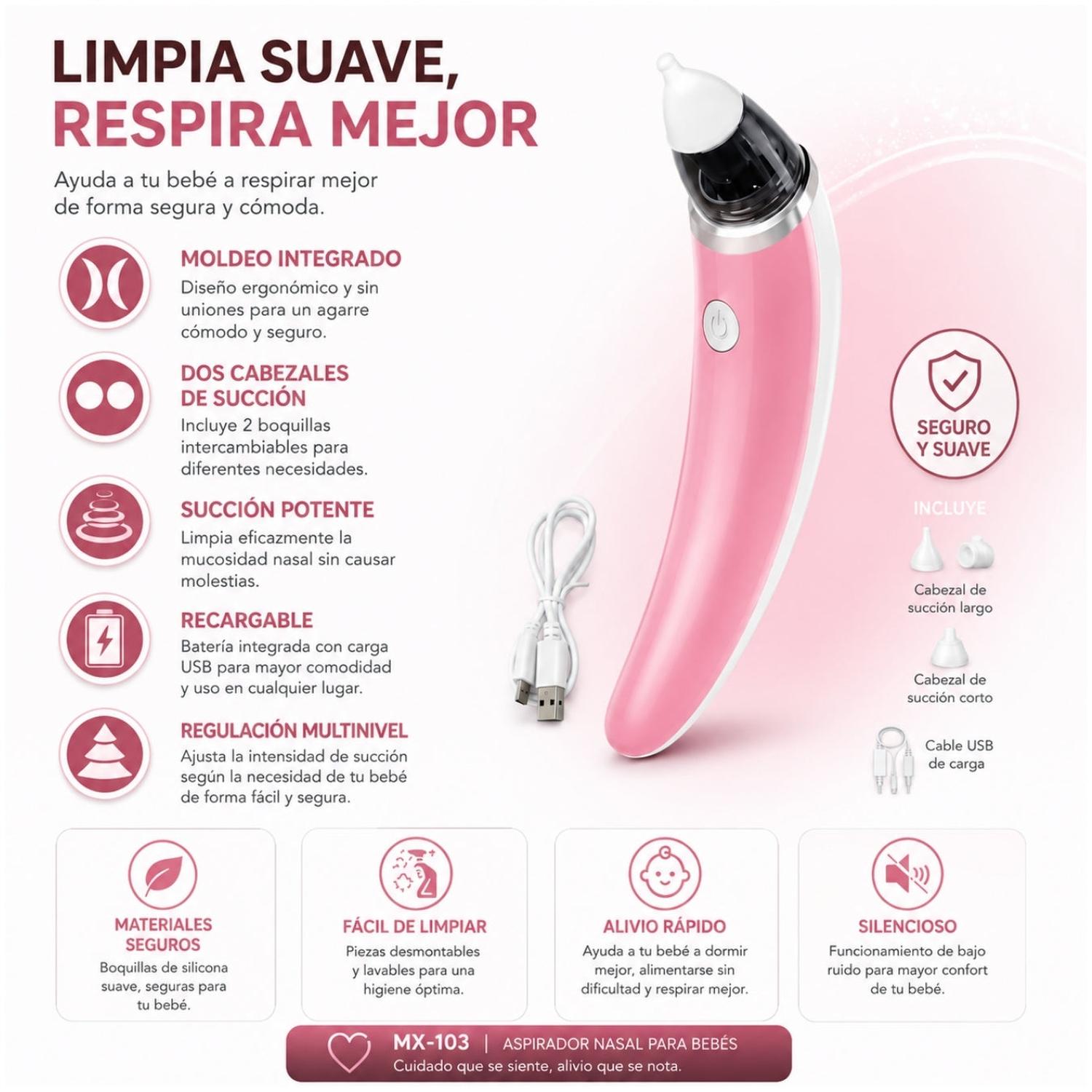 ASPIRADOR SUCCIONADOR NASAL ELÉCTRICO RECARGABLE PARA BEBE CON ACCESORIOS - 2