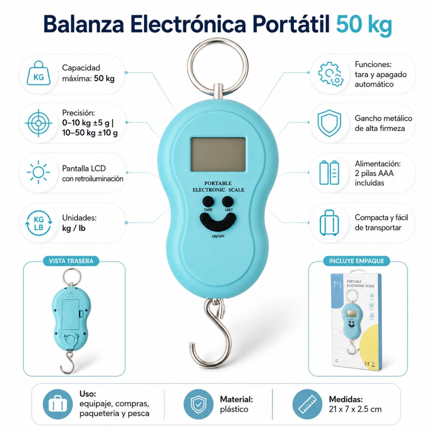 BALANZA ELECTRÓNICA DIGITAL DE MANO HASTA 50KG MULTIUSOS BÁSCULA MALETA DE VIAJE - 2