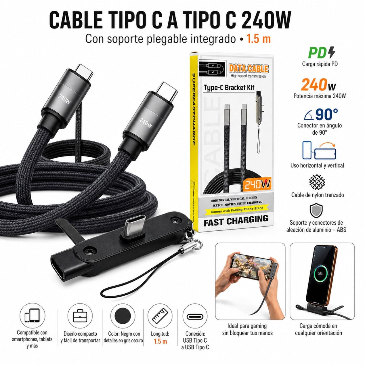 CABLE CARGA RÁPIDA TIPO C 240W CON SOPORTE PLEGABLE Y CONECTOR 90° - 2