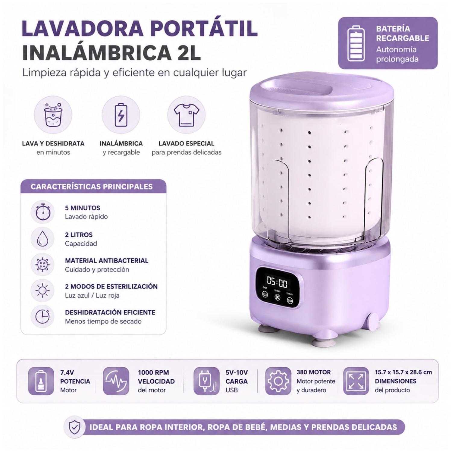 MINI LAVADORA PORTÁTIL INALÁMBRICA RECARGABLE 2L LAVADO ESTERILIZACIÓN CENTRIFUGADO TAMAÑO M - 2