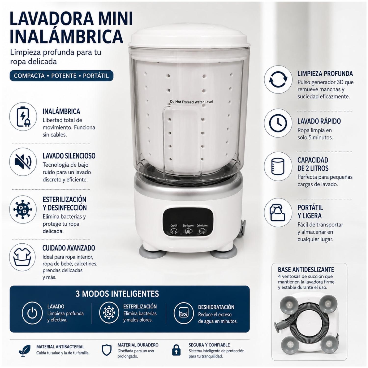 MINI LAVADORA PORTÁTIL INALÁMBRICA RECARGABLE 2L LAVADO ESTERILIZACIÓN CENTRIFUGADO TAMAÑO M - 2