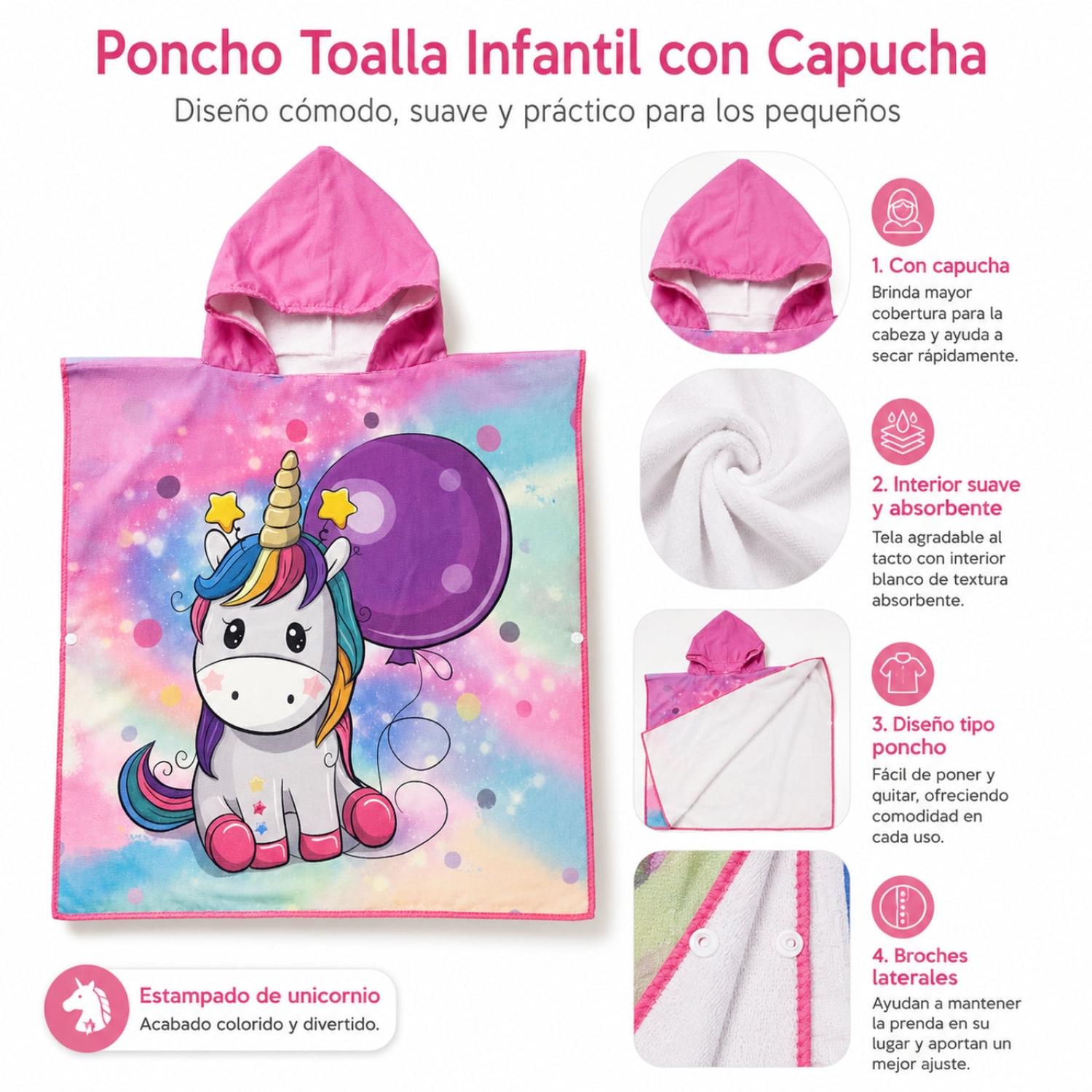 TOALLA DE BAÑO TIPO CAPA CON CAPUCHA CON BROCHES LATERALES DISEÑO UNICORNIO - 3