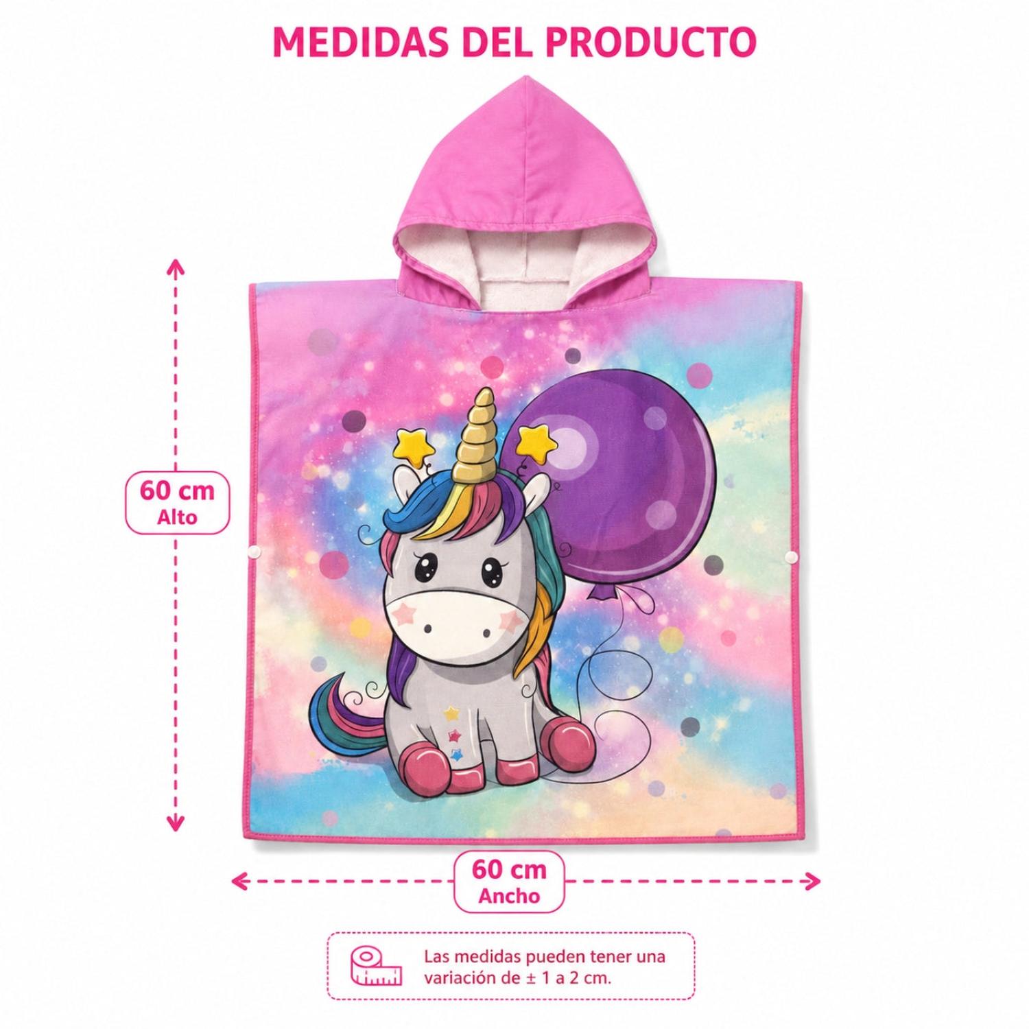 TOALLA DE BAÑO TIPO CAPA CON CAPUCHA CON BROCHES LATERALES DISEÑO UNICORNIO - 4