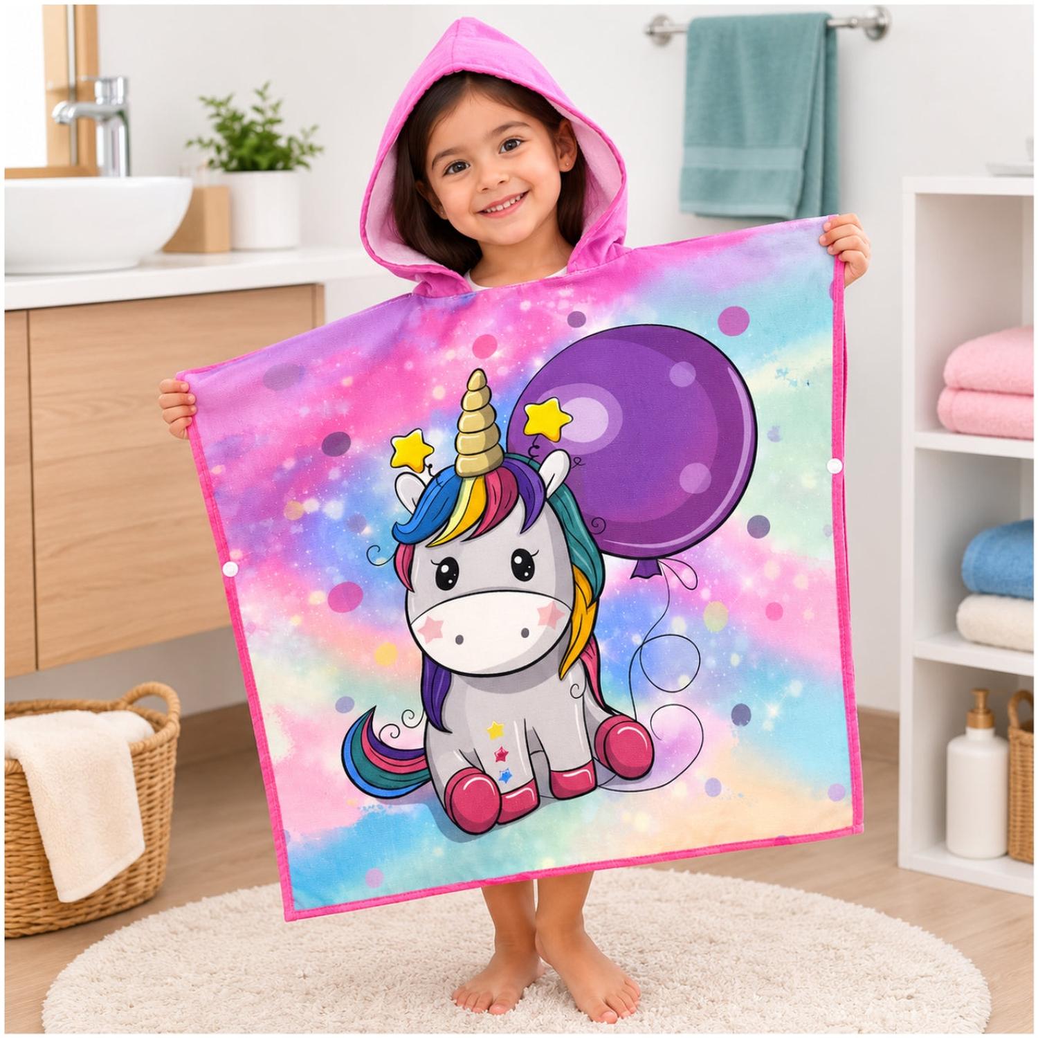 TOALLA DE BAÑO TIPO CAPA CON CAPUCHA CON BROCHES LATERALES DISEÑO UNICORNIO - 6