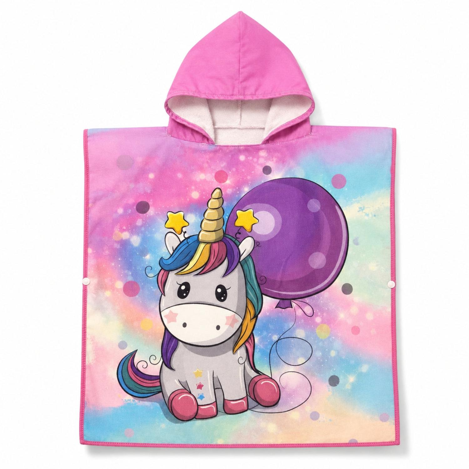 TOALLA DE BAÑO TIPO CAPA CON CAPUCHA CON BROCHES LATERALES DISEÑO UNICORNIO - 7
