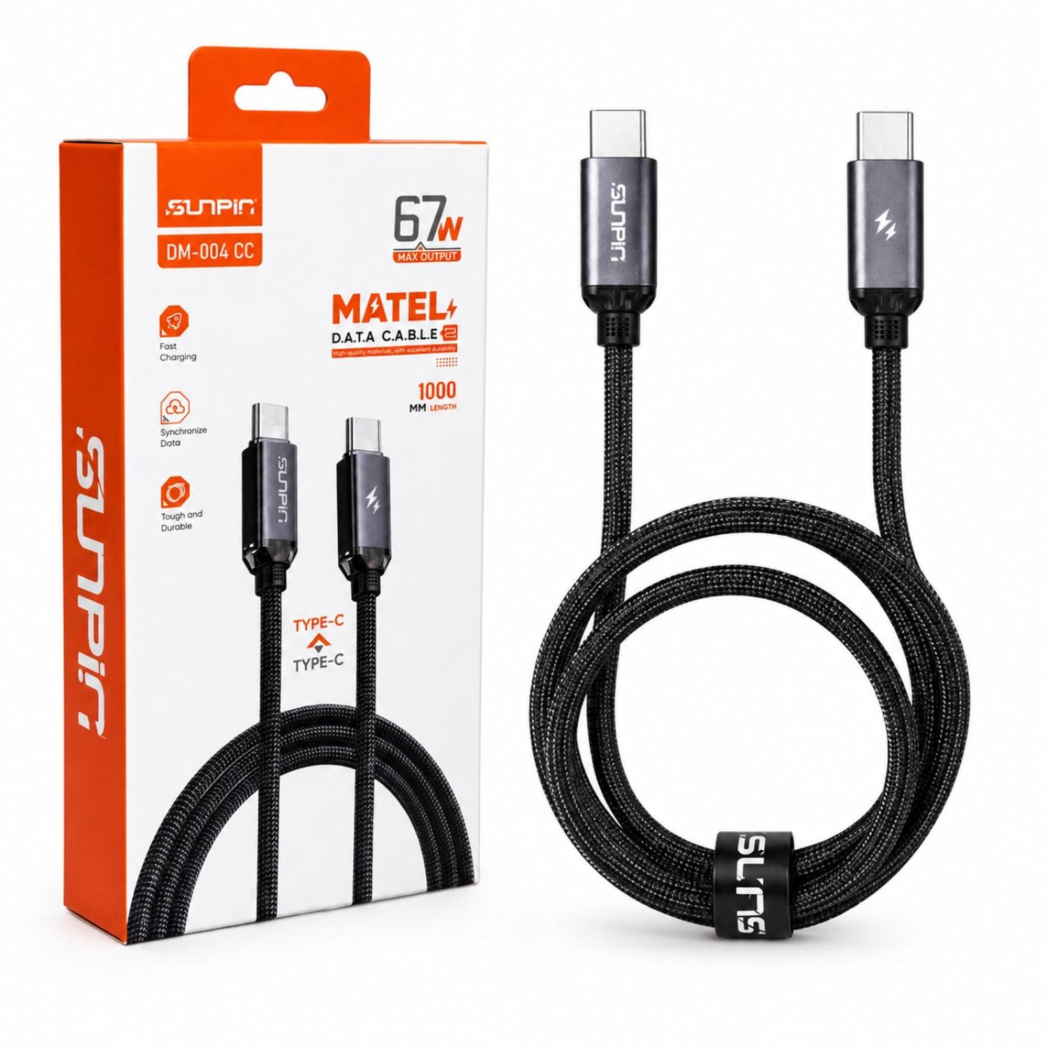 CABLE TRENZADO 1 METRO USB-C A USB-C SUNPIN CARGA RÁPIDA 67W - 1