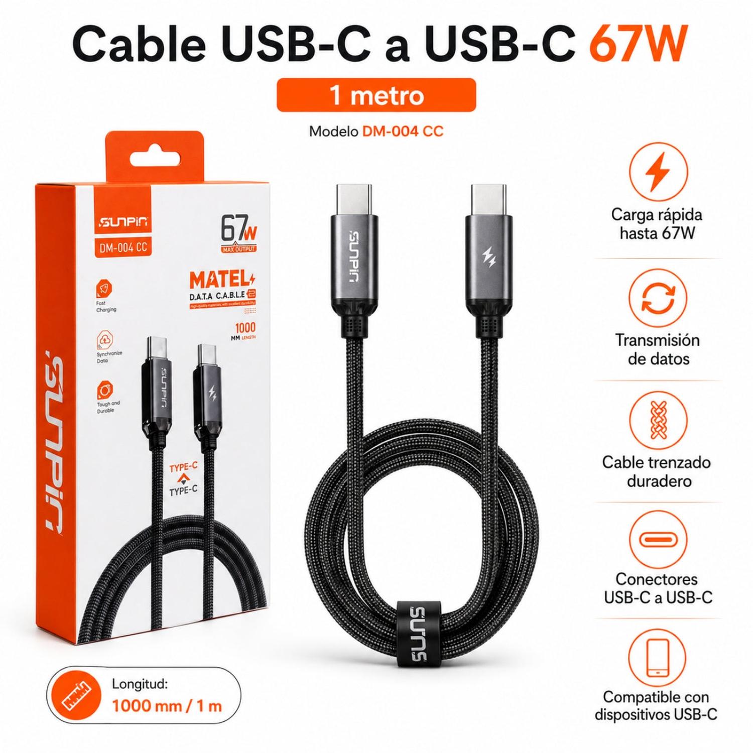 CABLE TRENZADO 1 METRO USB-C A USB-C SUNPIN CARGA RÁPIDA 67W - 2