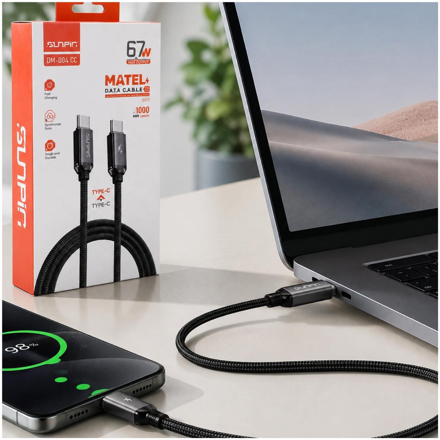 CABLE TRENZADO 1 METRO USB-C A USB-C SUNPIN CARGA RÁPIDA 67W - 3