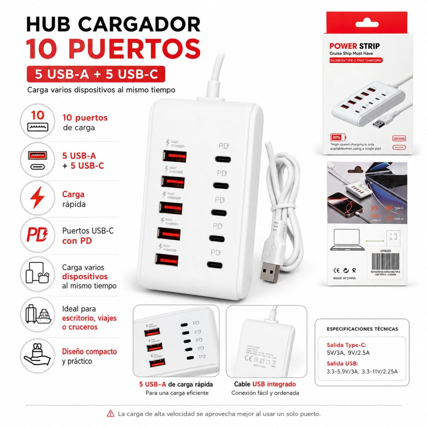 HUB CARGADOR 10 PUERTOS USB-A Y USB-C PD CARGA RÁPIDA MULTIPUERTOS - 2
