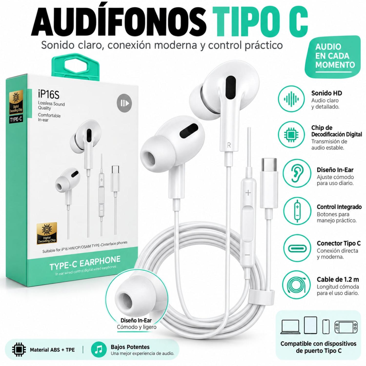 AUDÍFONOS IN-EAR USB TIPO C IP16S CON CONTROL INTEGRADO Y SONIDO HD - 4