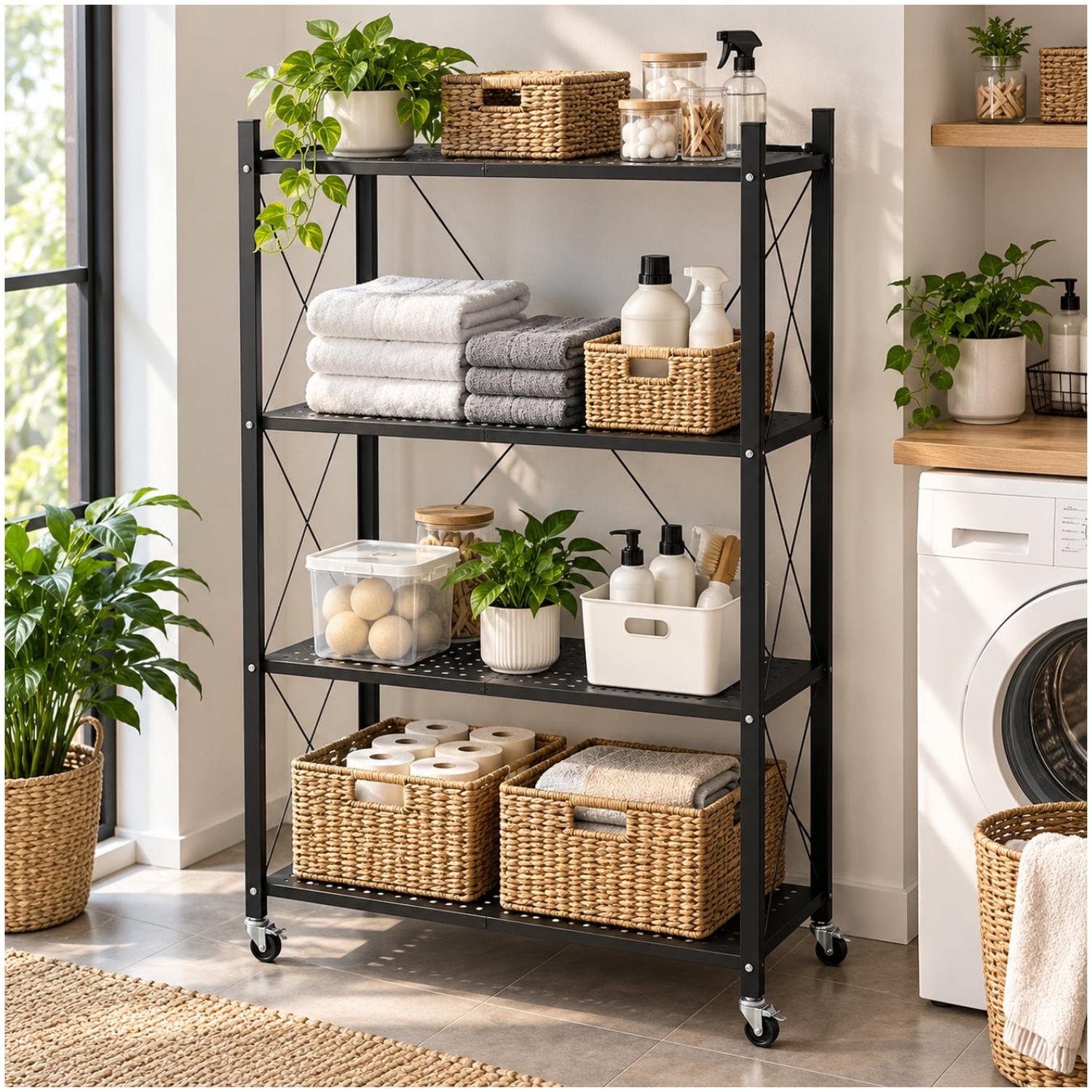 ESTANTE METÁLICO ORGANIZADOR DE 4 NIVELES CON RUEDAS NEGRO 125X72X34CM - 1