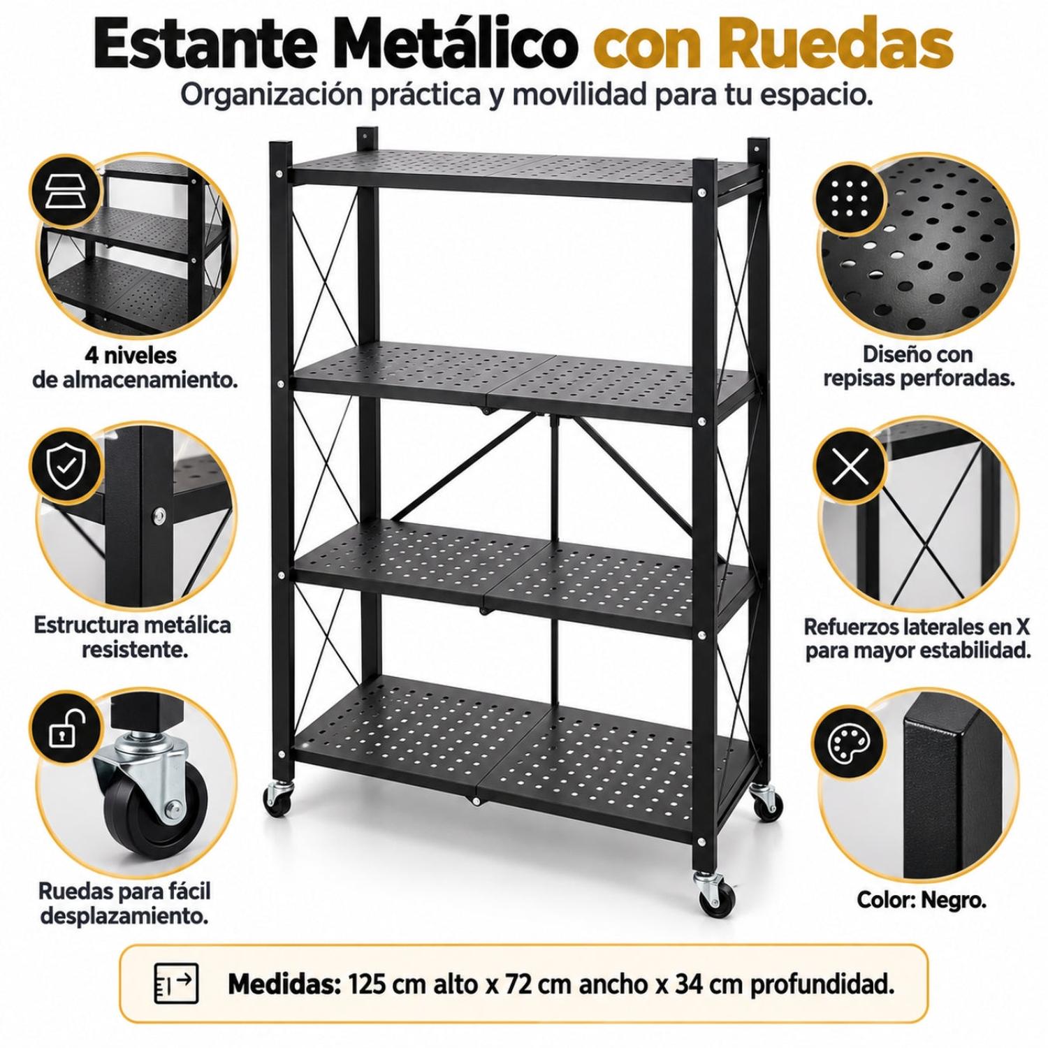 ESTANTE METÁLICO ORGANIZADOR DE 4 NIVELES CON RUEDAS NEGRO 125X72X34CM - 4