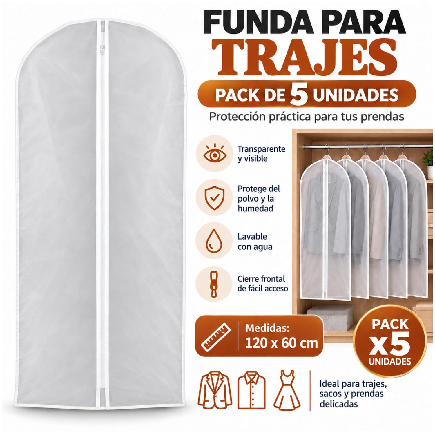 PACK X5 FUNDAS PARA TRAJES 120X60CM ORGANIZADOR ROPA CON CIERRE PROTECCIÓN ANTIPOLVO - 4