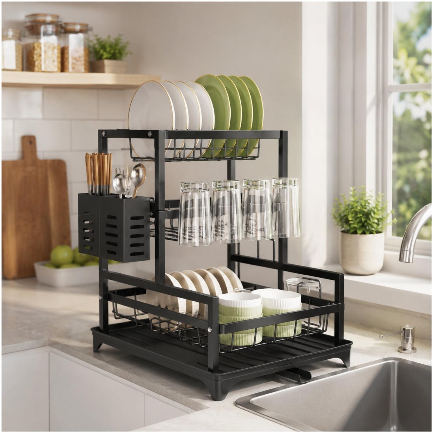 ESCURRIDOR DE PLATOS ORGANIZADOR DE COCINA 3 NIVELES ACERO AL CARBONO 44X42X30CM - 1