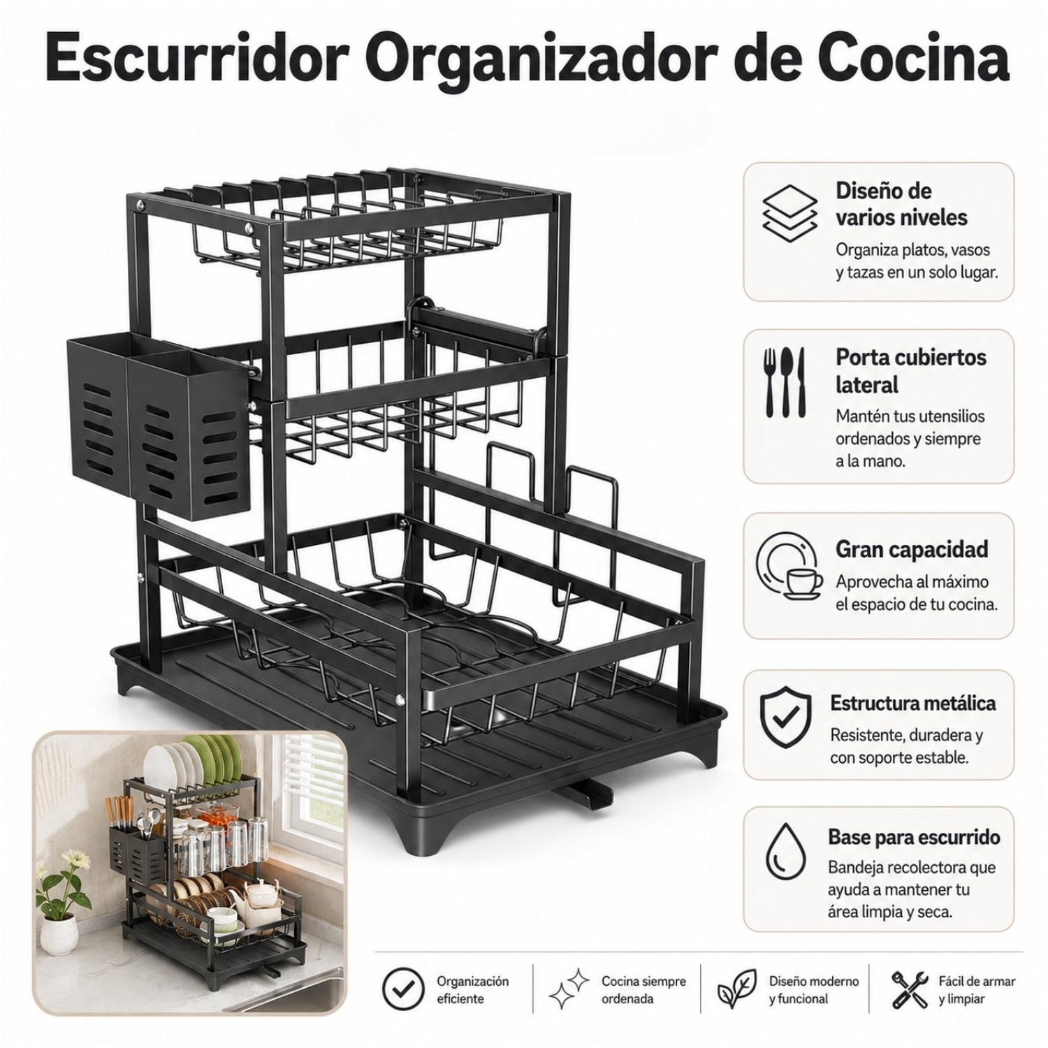 ESCURRIDOR DE PLATOS ORGANIZADOR DE COCINA 3 NIVELES ACERO AL CARBONO 44X42X30CM - 2