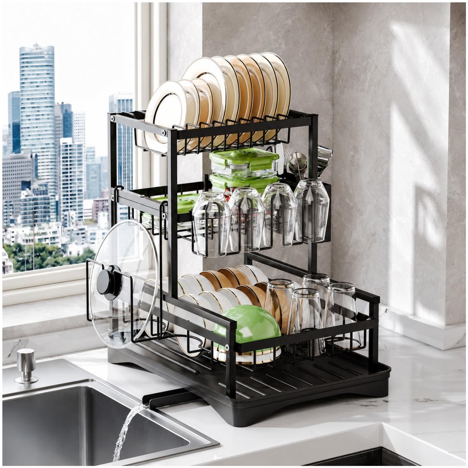 ESCURRIDOR DE PLATOS ORGANIZADOR DE COCINA 3 NIVELES ACERO AL CARBONO 44X42X30CM - 3