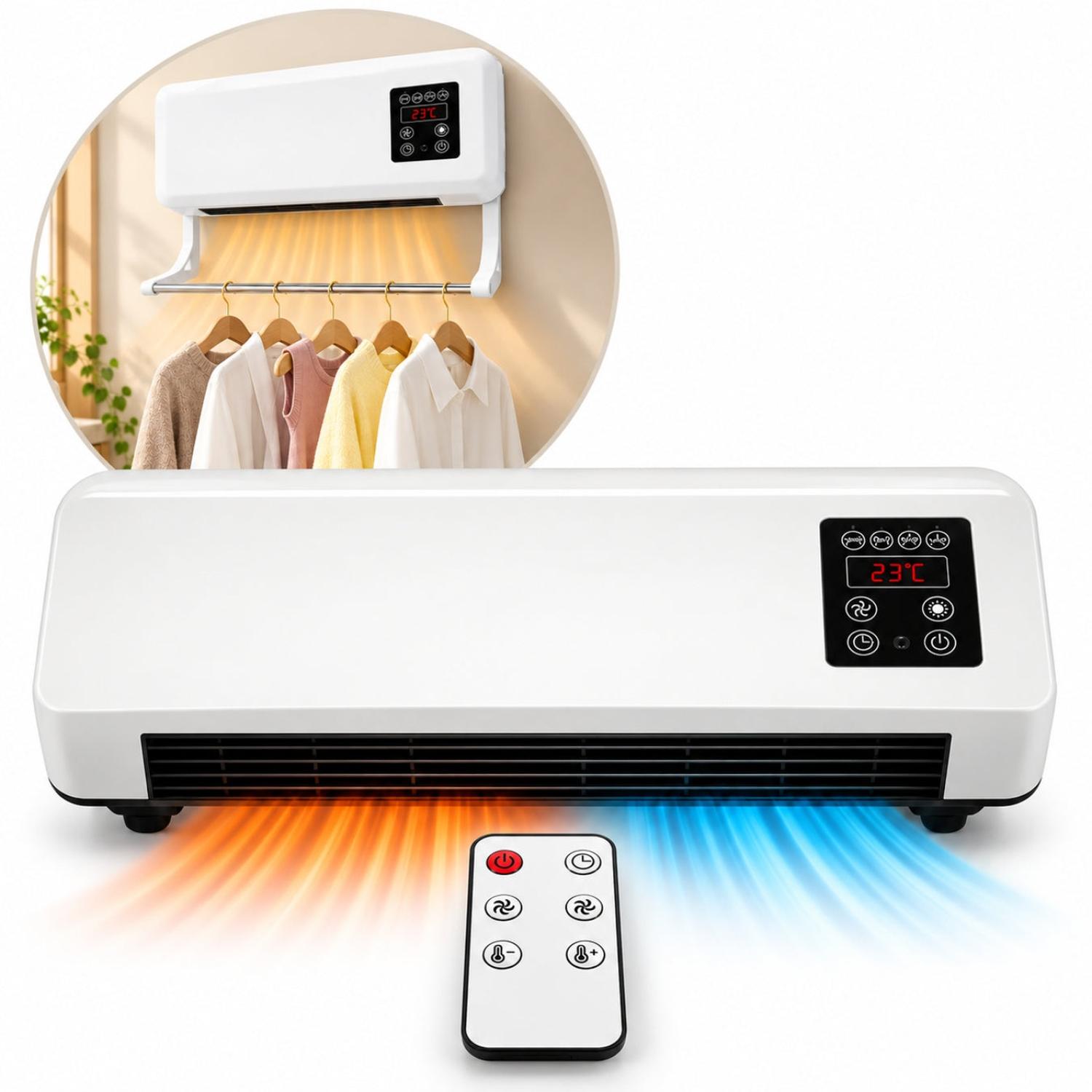 CALEFACTOR DE PARED 2 EN 1 FRÍO/CALOR 1500W CON CONTROL REMOTO Y SECADOR DE ROPA - 1