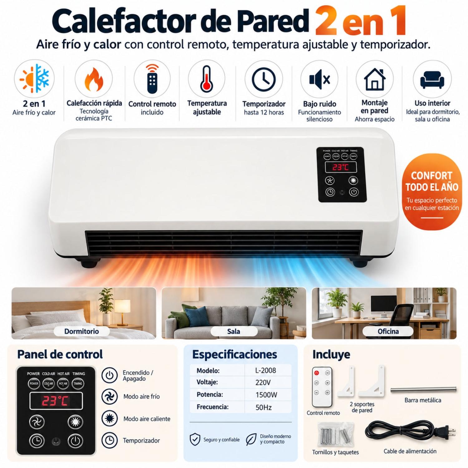 CALEFACTOR DE PARED 2 EN 1 FRÍO/CALOR 1500W CON CONTROL REMOTO Y SECADOR DE ROPA - 2