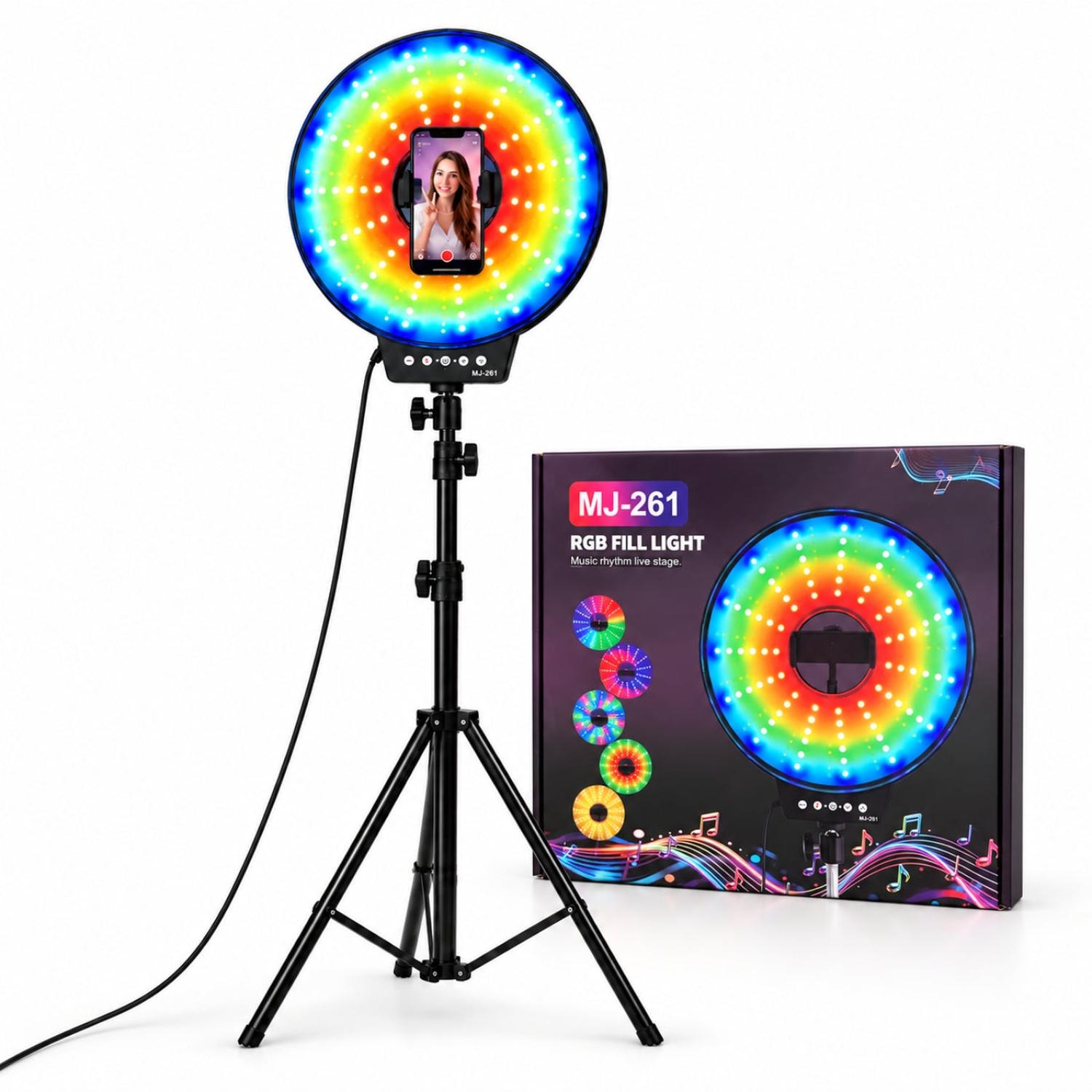 ARO LUZ LED RGB MJ-261 DE 26CM MODO MÚSICA STREAMING CON TRÍPODE DE 2M - 1